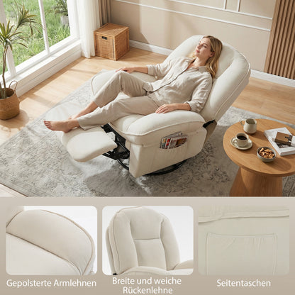 Recliner Chair — Padded Swivel & Rocking TV Recliner with Footrest, Deep Seat, Chenille Upholstery, Side Pocket, Up to 331 lb, Cream