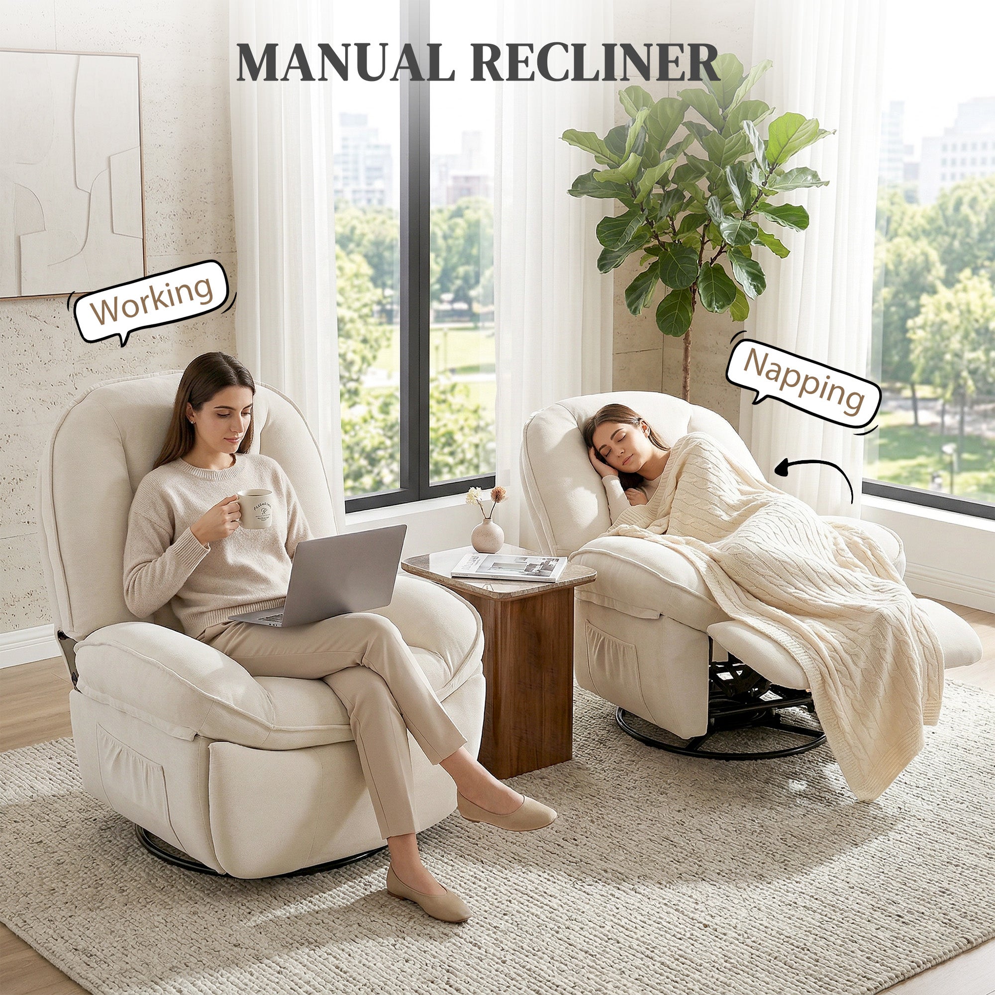 Recliner Chair — Padded Swivel & Rocking TV Recliner with Footrest, Deep Seat, Chenille Upholstery, Side Pocket, Up to 331 lb, Cream
