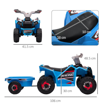 Kids Electric Quad 6V Kids Quad, Children's Vehicle, Electric Car with Trailer for Kids 1.5-3 Years, 2.5 km/h, Metal, 106 x 41.5 x 48.5 cm, Blue