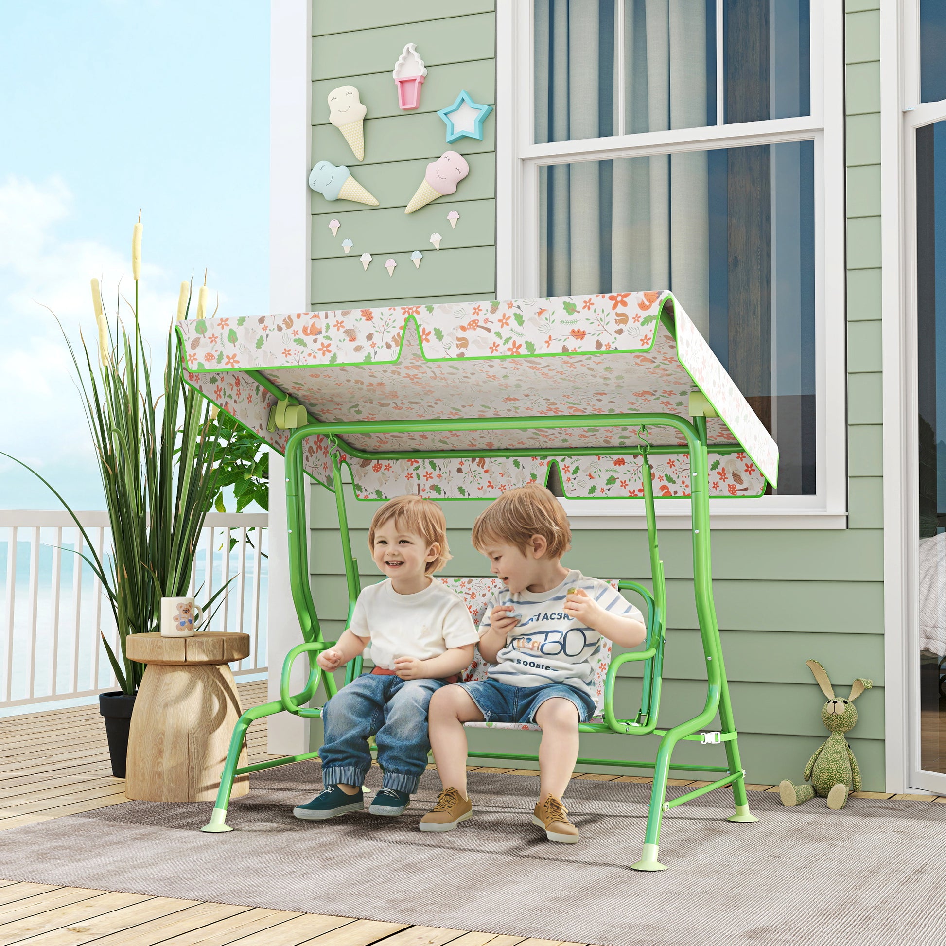 Outdoor Garden Swing for Children +3 Years Two-Seater Outdoor Garden Swing with Adjustable Canopy Safety Harness and Cute Prints 112x75x120 cm Green