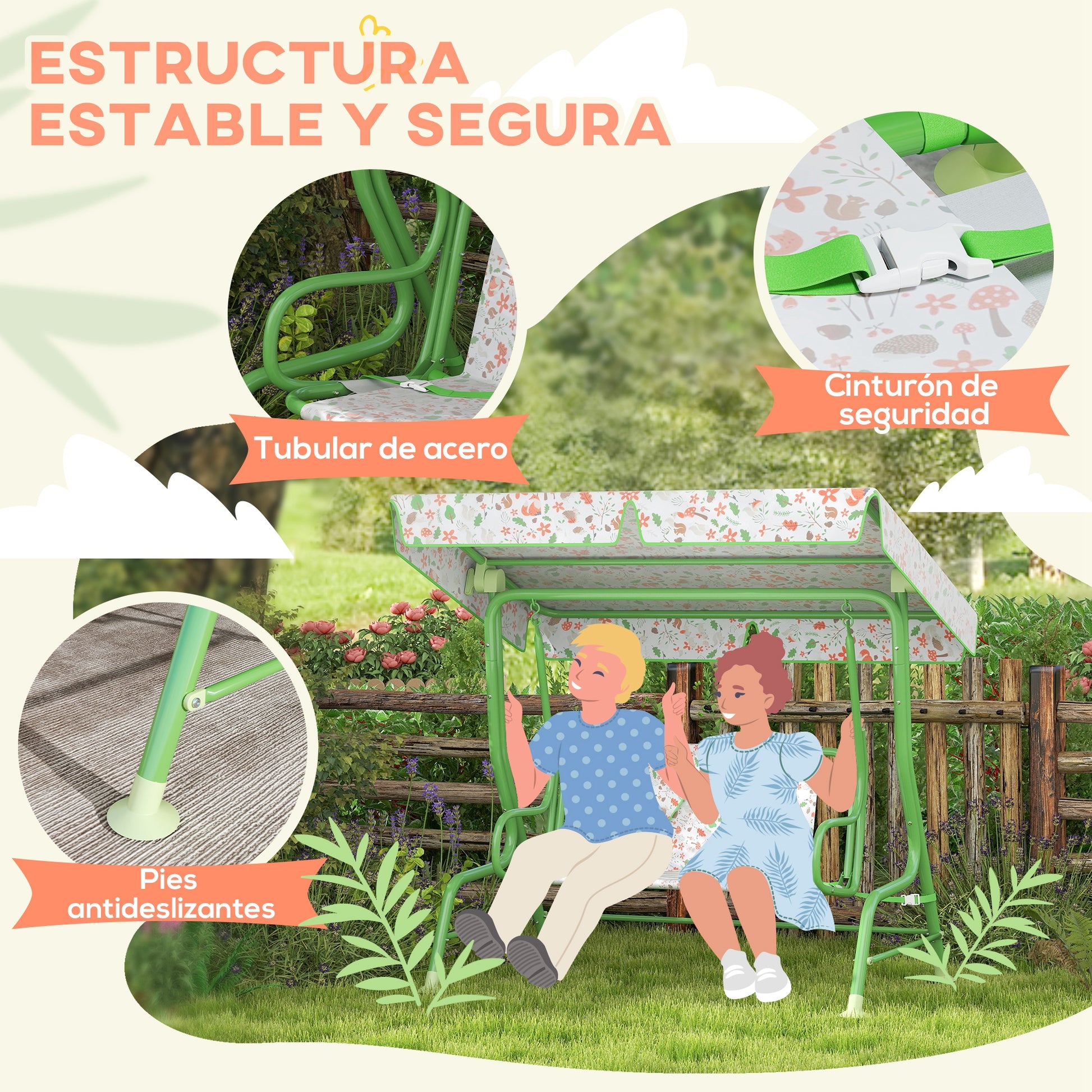 Outdoor Garden Swing for Children +3 Years Two-Seater Outdoor Garden Swing with Adjustable Canopy Safety Harness and Cute Prints 112x75x120 cm Green