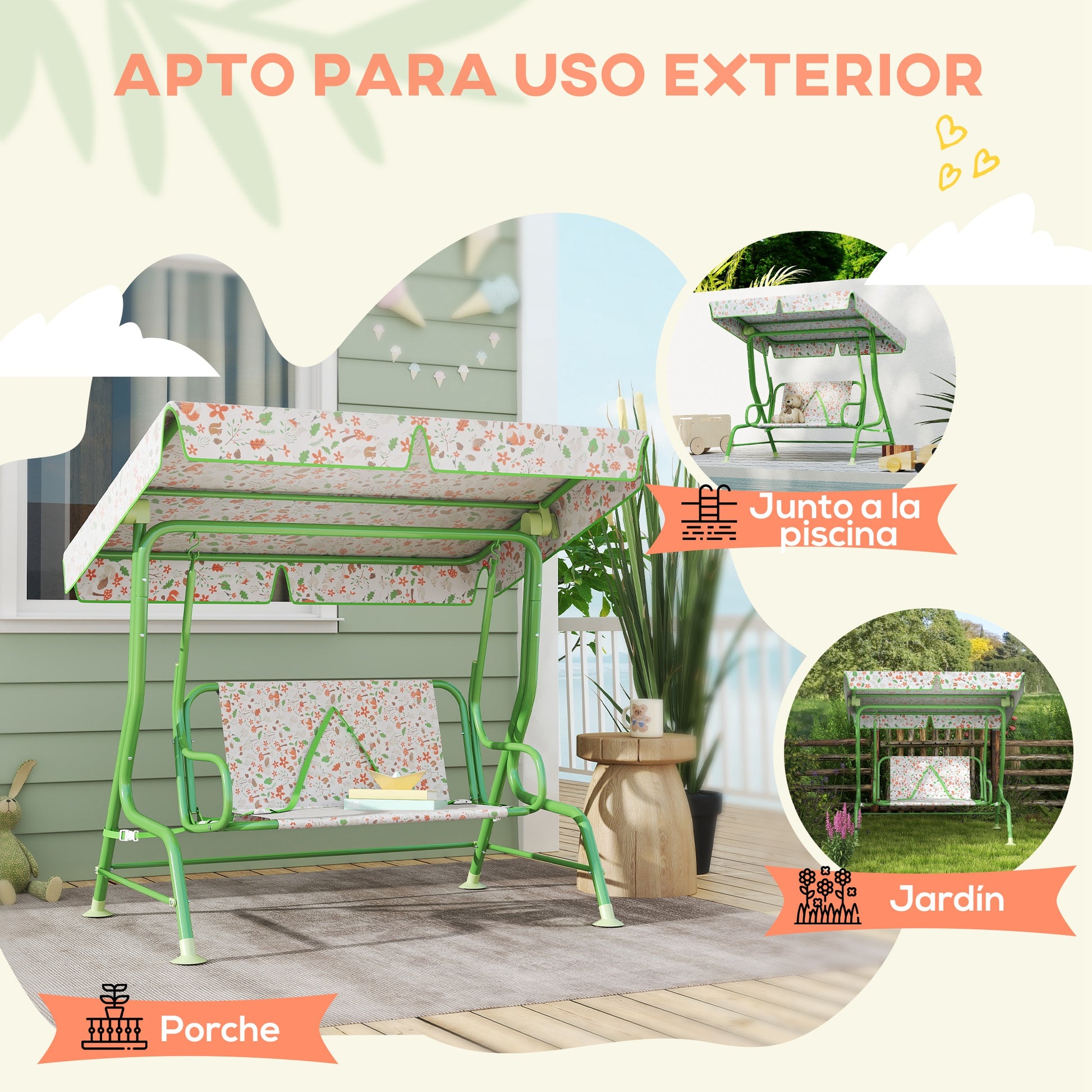 Outdoor Garden Swing for Children +3 Years Two-Seater Outdoor Garden Swing with Adjustable Canopy Safety Harness and Cute Prints 112x75x120 cm Green