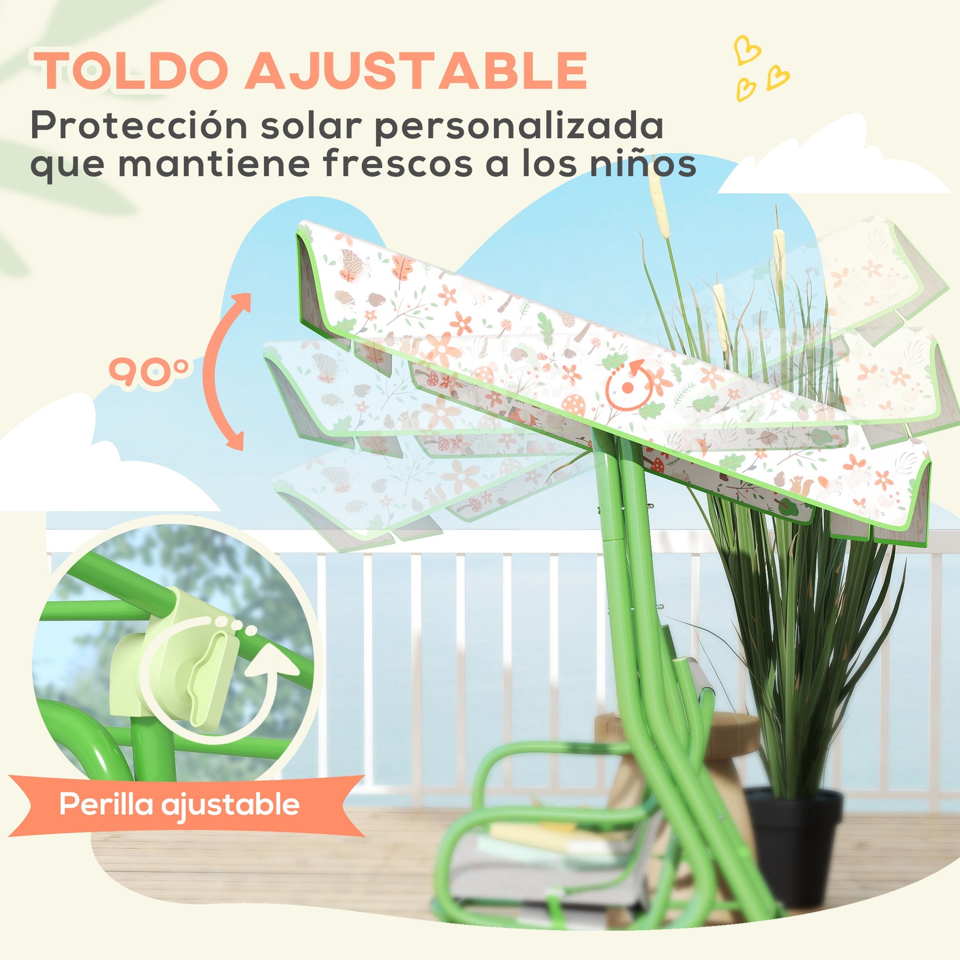 Outdoor Garden Swing for Children +3 Years Two-Seater Outdoor Garden Swing with Adjustable Canopy Safety Harness and Cute Prints 112x75x120 cm Green