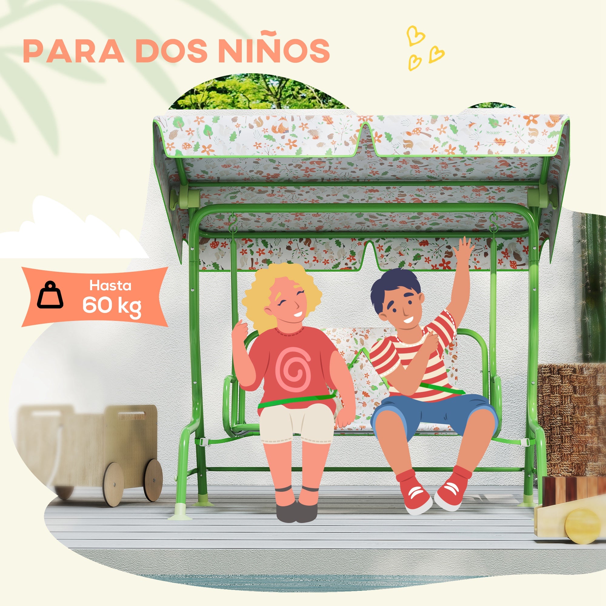 Outdoor Garden Swing for Children +3 Years Two-Seater Outdoor Garden Swing with Adjustable Canopy Safety Harness and Cute Prints 112x75x120 cm Green