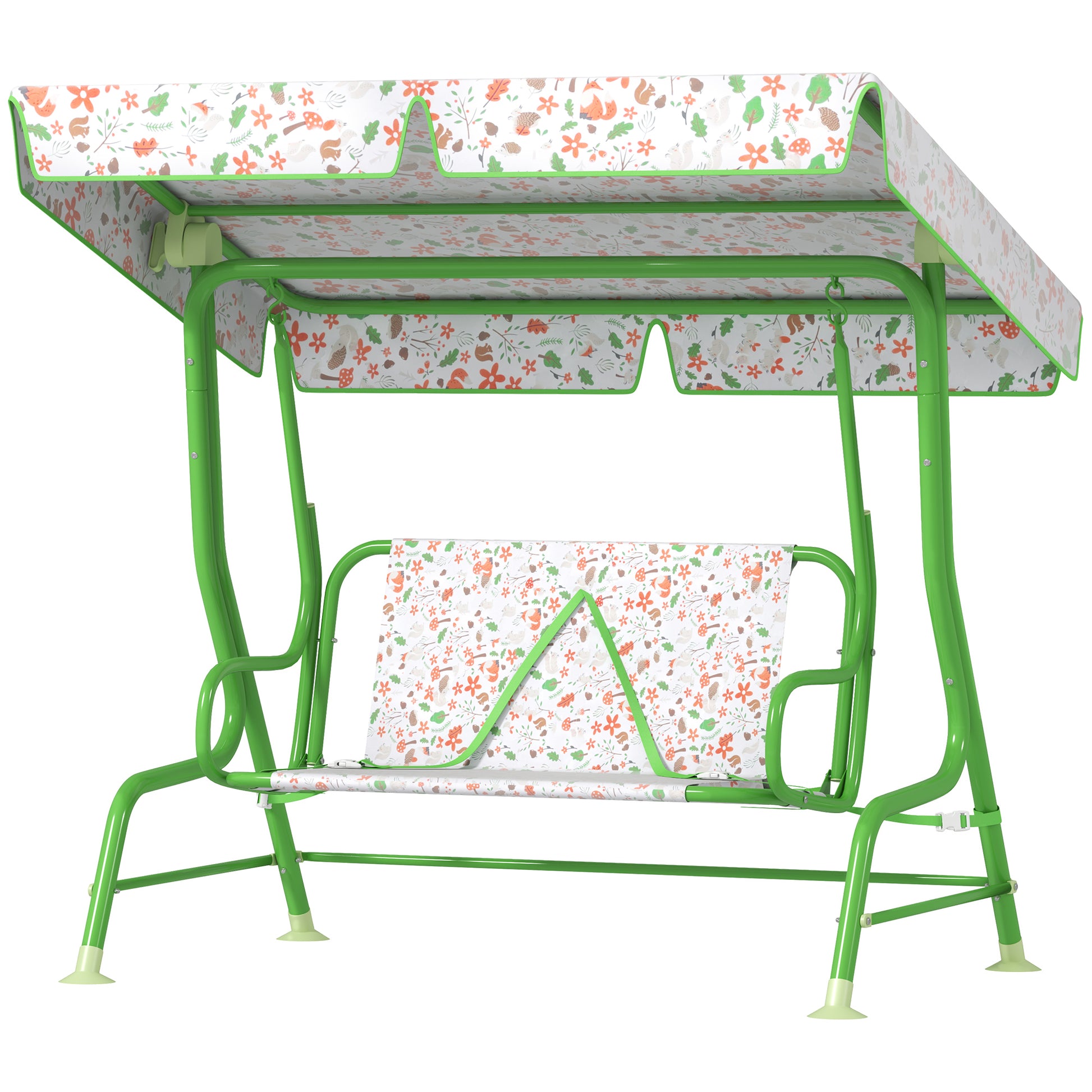 Outdoor Garden Swing for Children +3 Years Two-Seater Outdoor Garden Swing with Adjustable Canopy Safety Harness and Cute Prints 112x75x120 cm Green