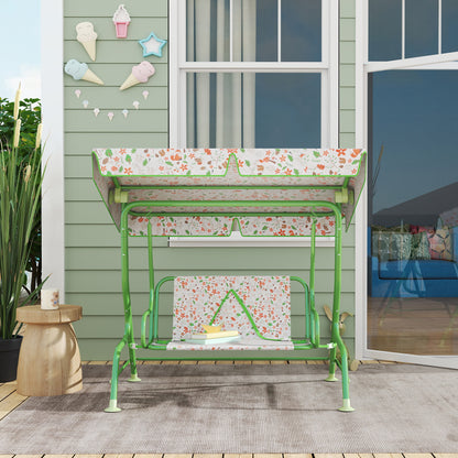 Outdoor Garden Swing for Children +3 Years Two-Seater Outdoor Garden Swing with Adjustable Canopy Safety Harness and Cute Prints 112x75x120 cm Green