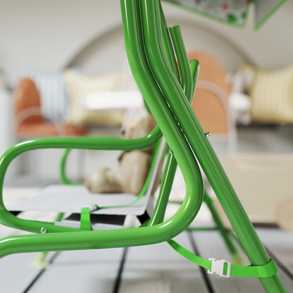 Outdoor Garden Swing for Children +3 Years Two-Seater Outdoor Garden Swing with Adjustable Canopy Safety Harness and Cute Prints 112x75x120 cm Green