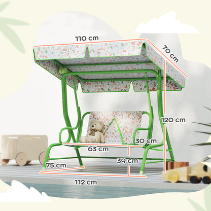 Outdoor Garden Swing for Children +3 Years Two-Seater Outdoor Garden Swing with Adjustable Canopy Safety Harness and Cute Prints 112x75x120 cm Green