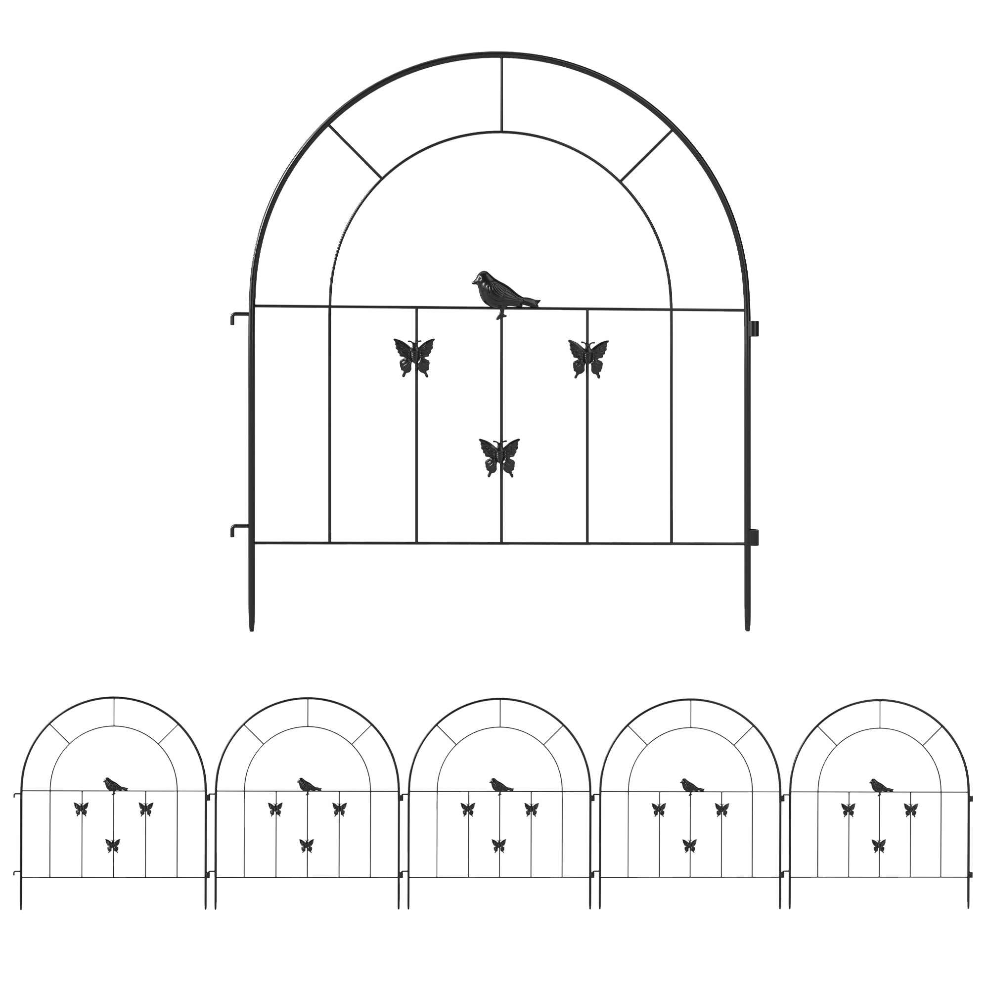 Garden Fence Steel 300 cm x 70 cm High Decorative Grid Fence Set Fence Panels Dog Fence Upper Arch Fence for Dogs Landscape Fence for Gardens Flower Beds Animal Barrier Outdoor Black