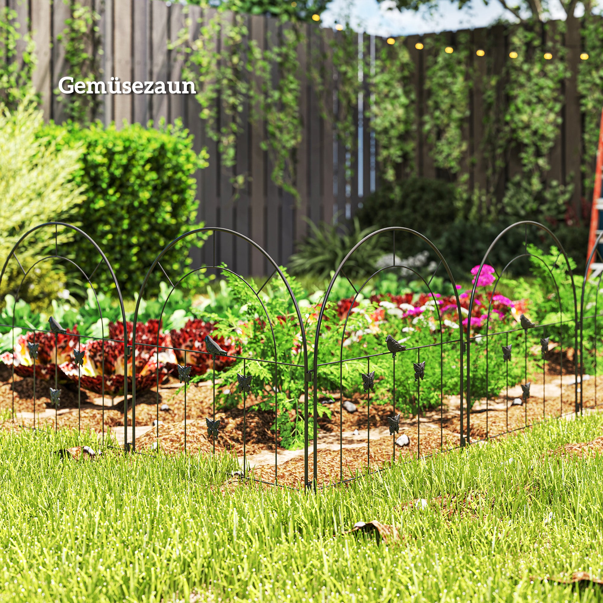 Garden Fence Steel 300 cm x 70 cm High Decorative Grid Fence Set Fence Panels Dog Fence Upper Arch Fence for Dogs Landscape Fence for Gardens Flower Beds Animal Barrier Outdoor Black