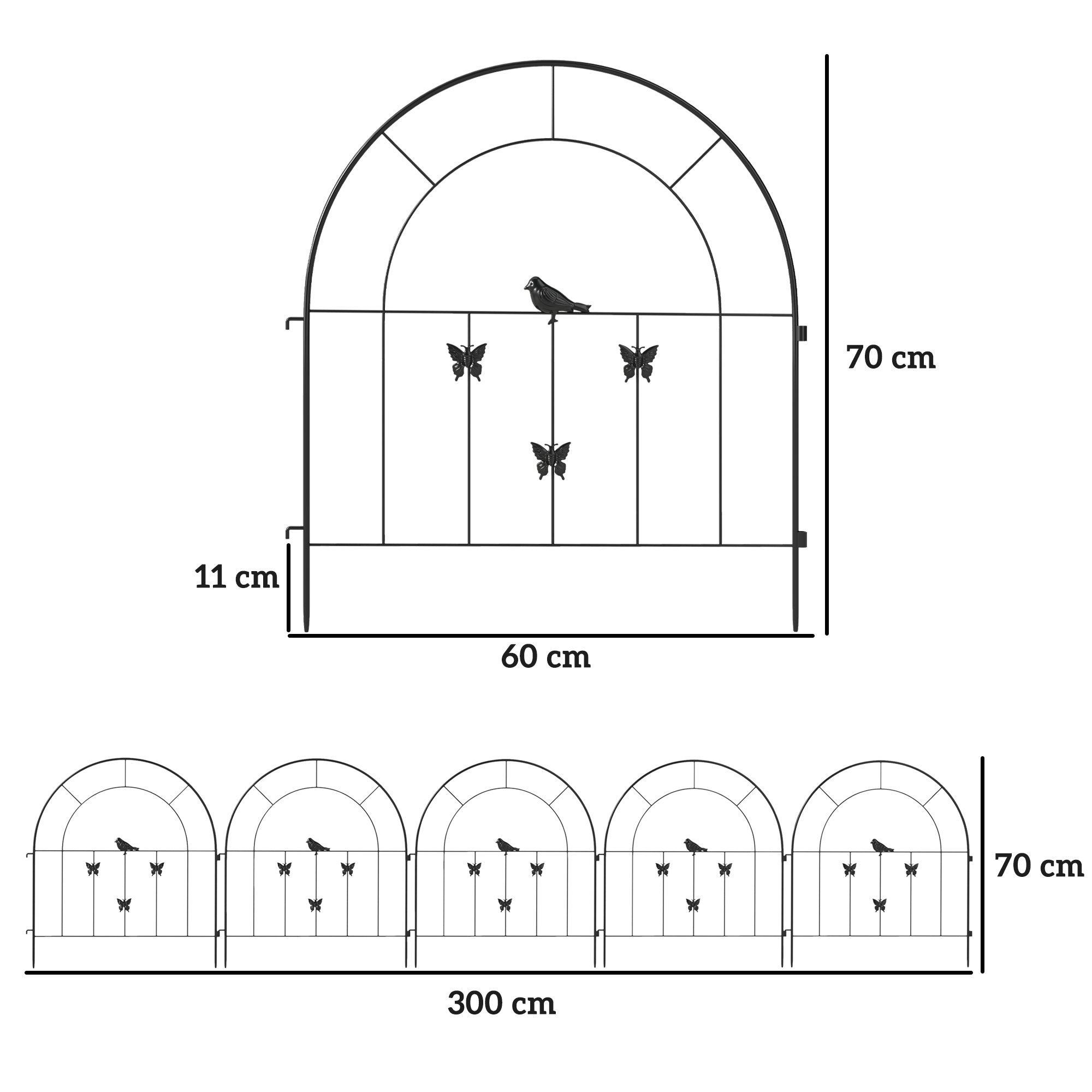 Garden Fence Steel 300 cm x 70 cm High Decorative Grid Fence Set Fence Panels Dog Fence Upper Arch Fence for Dogs Landscape Fence for Gardens Flower Beds Animal Barrier Outdoor Black