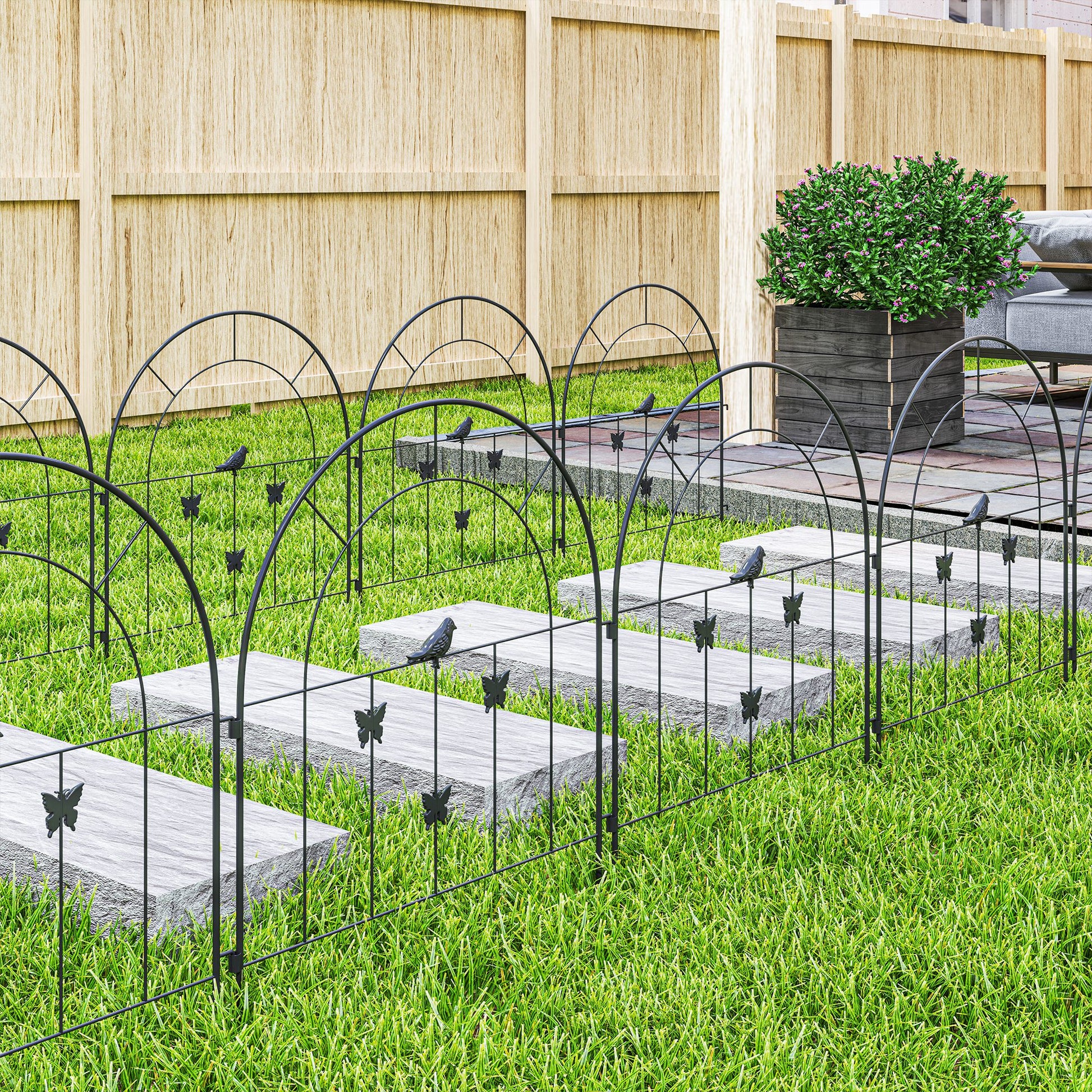 Garden Fence Steel 300 cm x 70 cm High Decorative Grid Fence Set Fence Panels Dog Fence Upper Arch Fence for Dogs Landscape Fence for Gardens Flower Beds Animal Barrier Outdoor Black