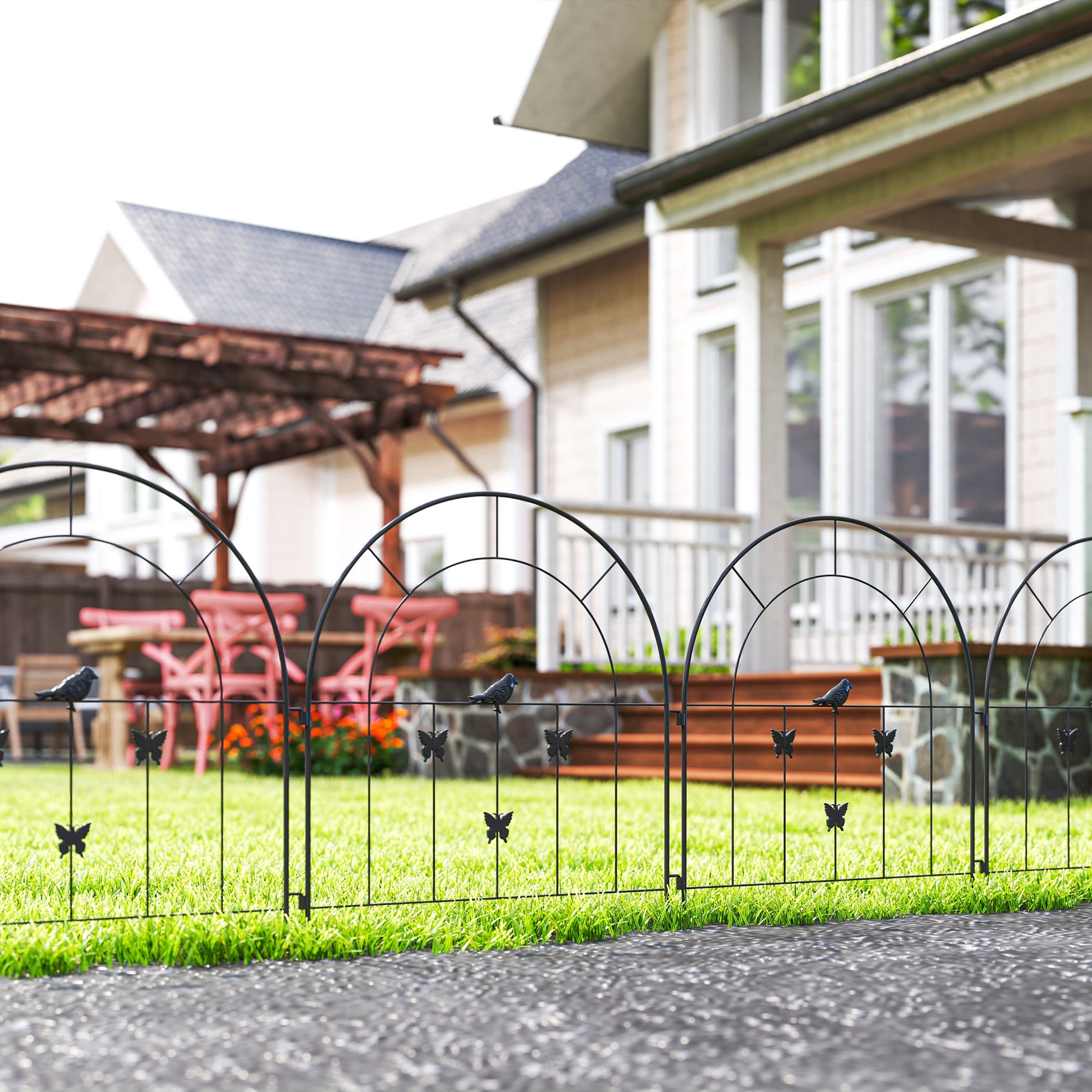 Garden Fence Steel 300 cm x 70 cm High Decorative Grid Fence Set Fence Panels Dog Fence Upper Arch Fence for Dogs Landscape Fence for Gardens Flower Beds Animal Barrier Outdoor Black