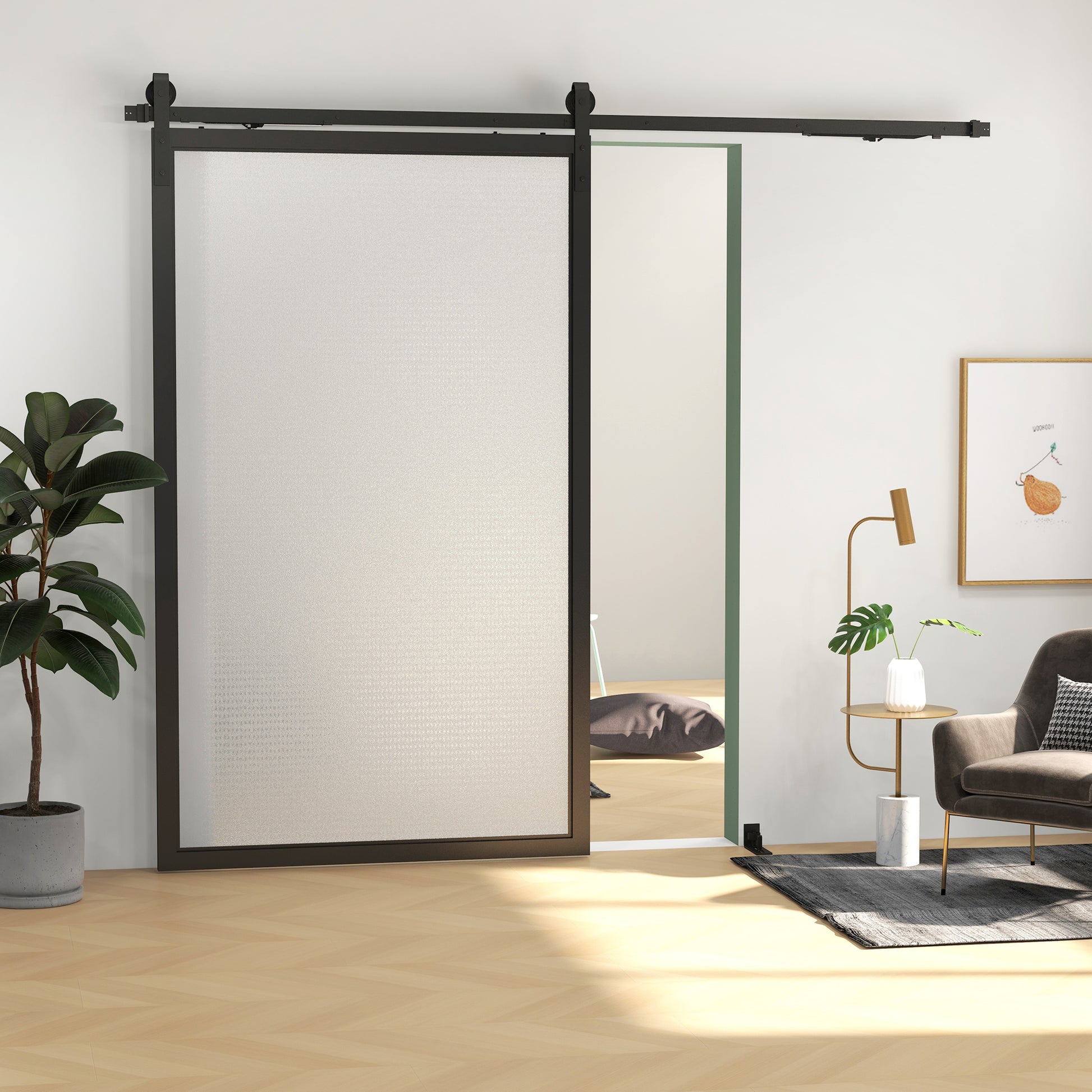 Sliding Door Hardware Kit 244 cm Complete Set with Buffer Function, Rails, Rollers, Anti-Jump Devices, Door Stoppers, Floor Guide, Sliding Door System in Carbon Steel Black