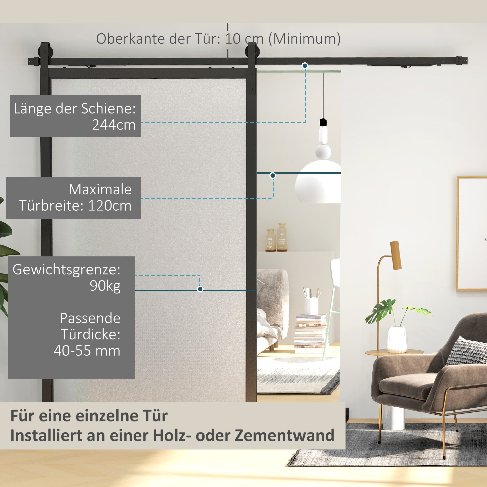Sliding Door Hardware Kit 244 cm Complete Set with Buffer Function, Rails, Rollers, Anti-Jump Devices, Door Stoppers, Floor Guide, Sliding Door System in Carbon Steel Black