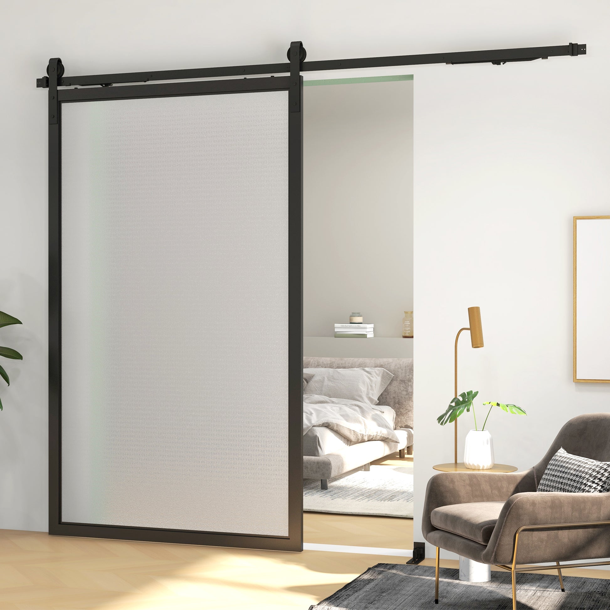 Sliding Door Hardware Kit 244 cm Complete Set with Buffer Function, Rails, Rollers, Anti-Jump Devices, Door Stoppers, Floor Guide, Sliding Door System in Carbon Steel Black