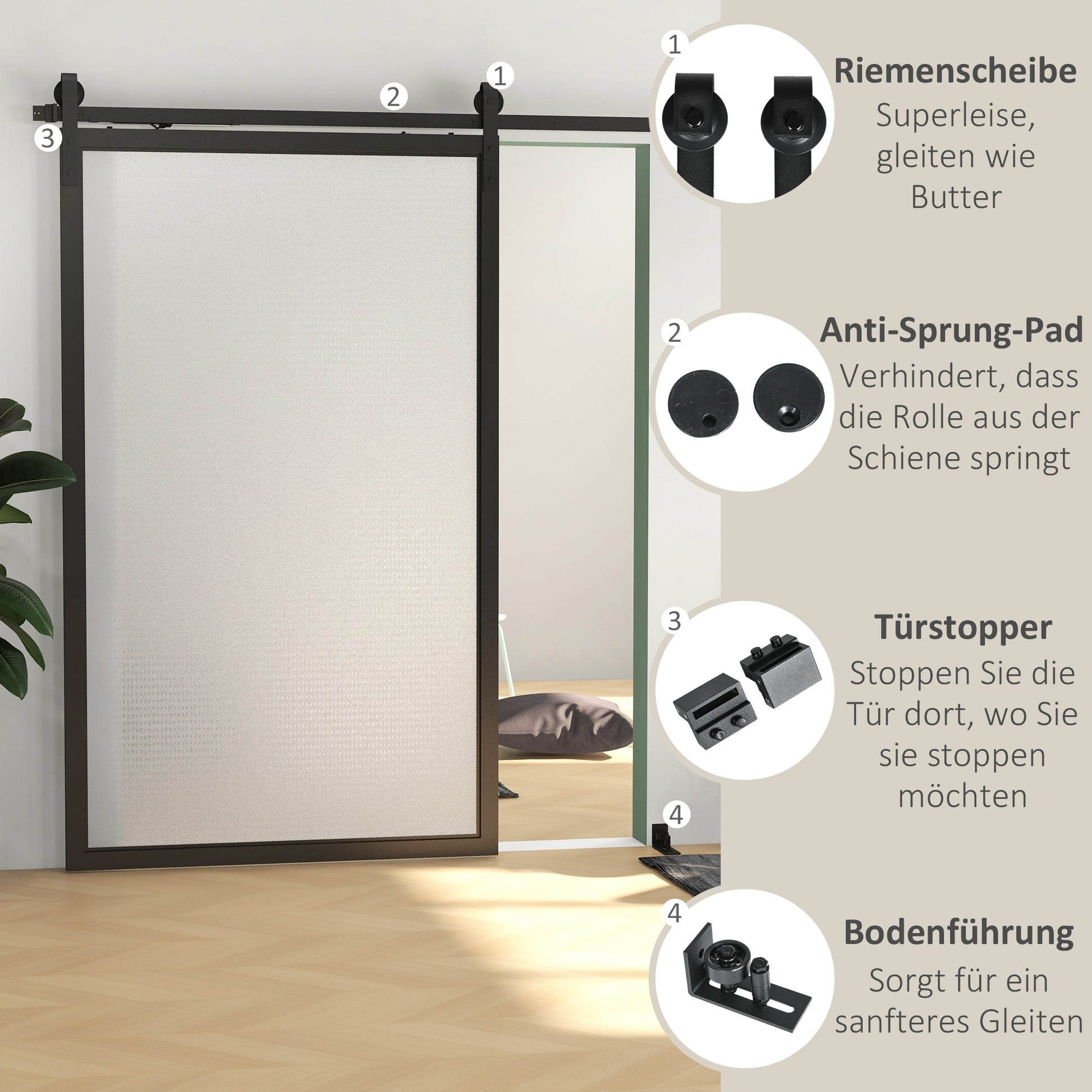 Sliding Door Hardware Kit 244 cm Complete Set with Buffer Function, Rails, Rollers, Anti-Jump Devices, Door Stoppers, Floor Guide, Sliding Door System in Carbon Steel Black