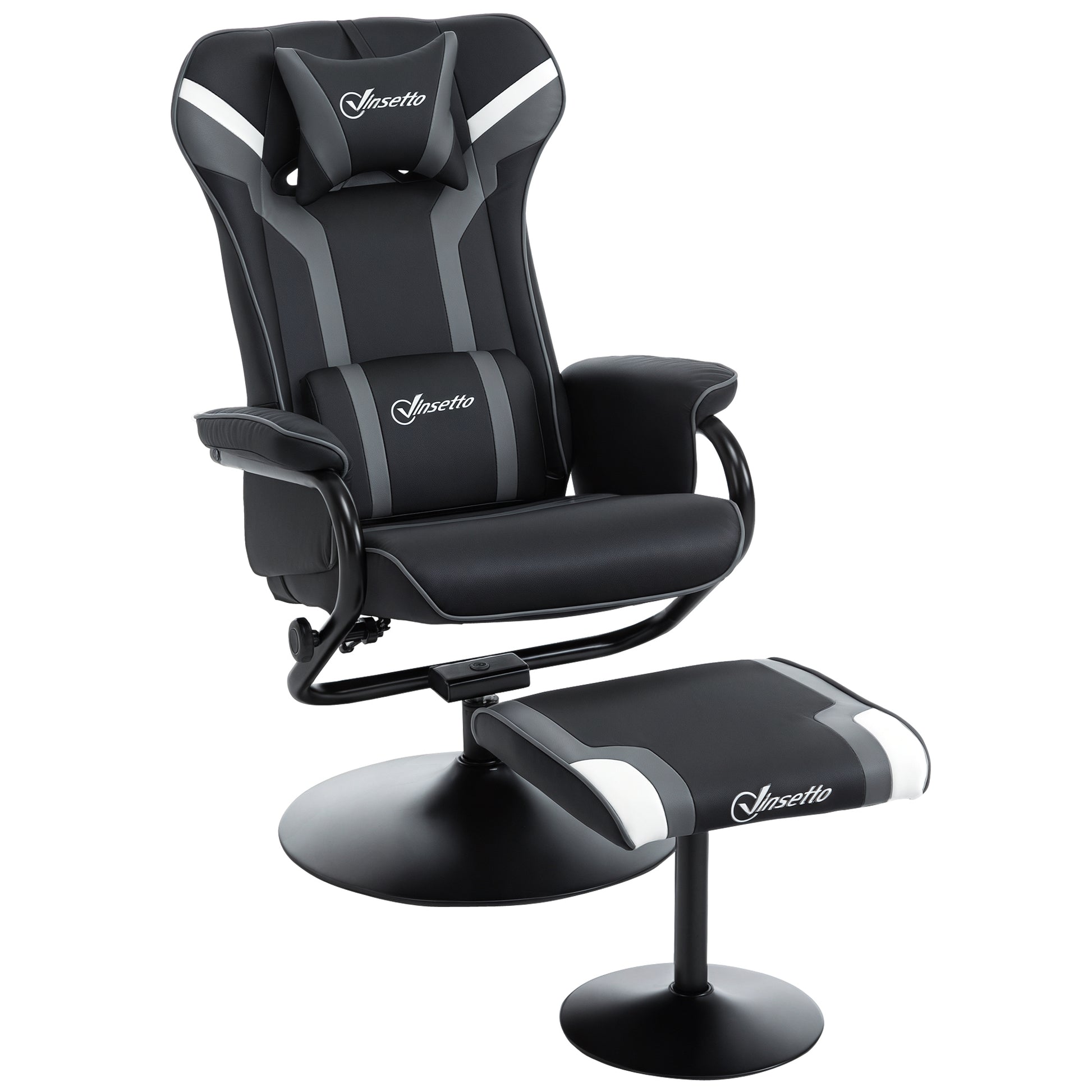Recliner Chair with Footstool, TV Armchair, Upholstered Armchair in Gaming Style, Gaming Chair with Reclining Function, 130° Adjustable, for Game Room, Leisure Room, Black+Grey, 67 x 82.5 x 103 cm