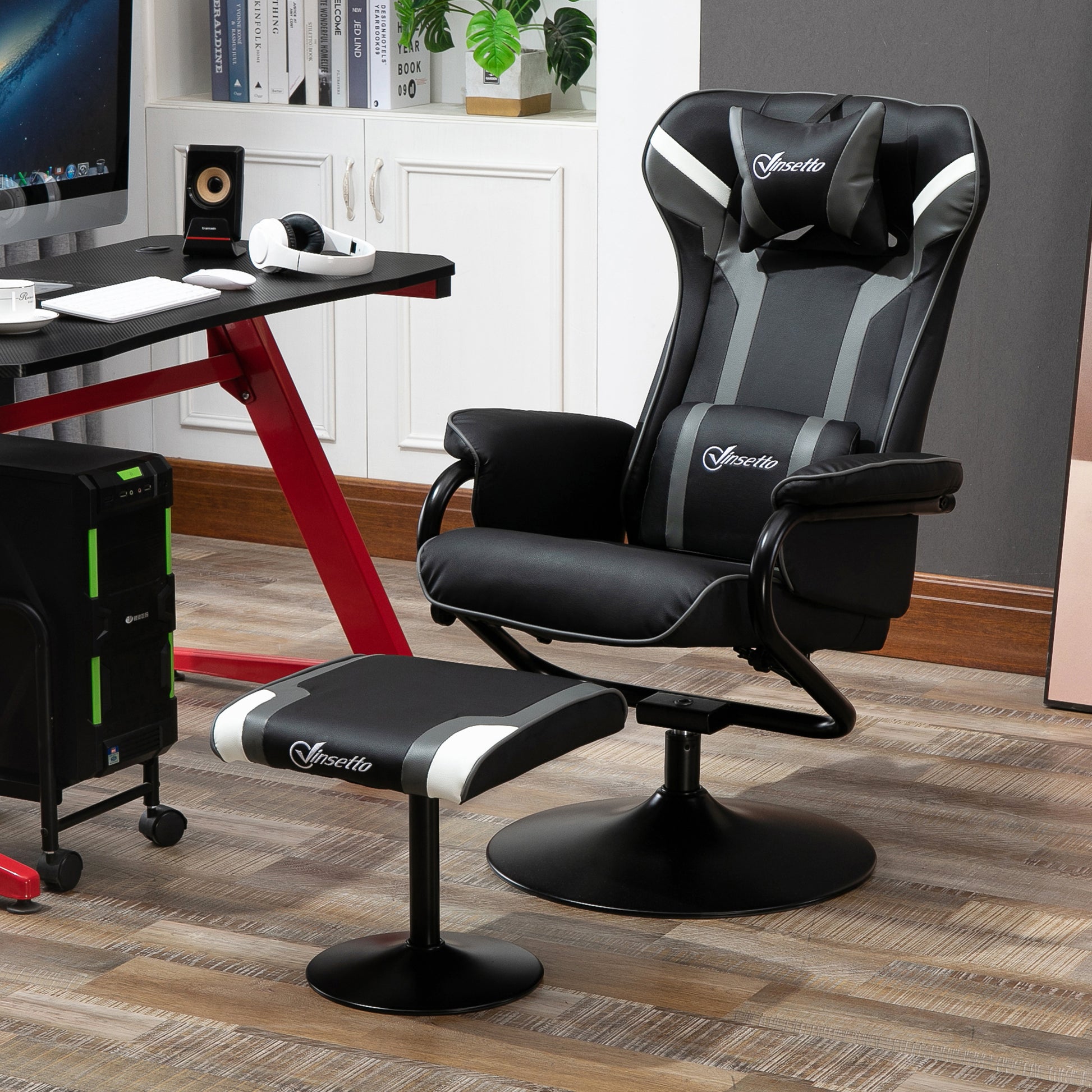 Recliner Chair with Footstool, TV Armchair, Upholstered Armchair in Gaming Style, Gaming Chair with Reclining Function, 130° Adjustable, for Game Room, Leisure Room, Black+Grey, 67 x 82.5 x 103 cm