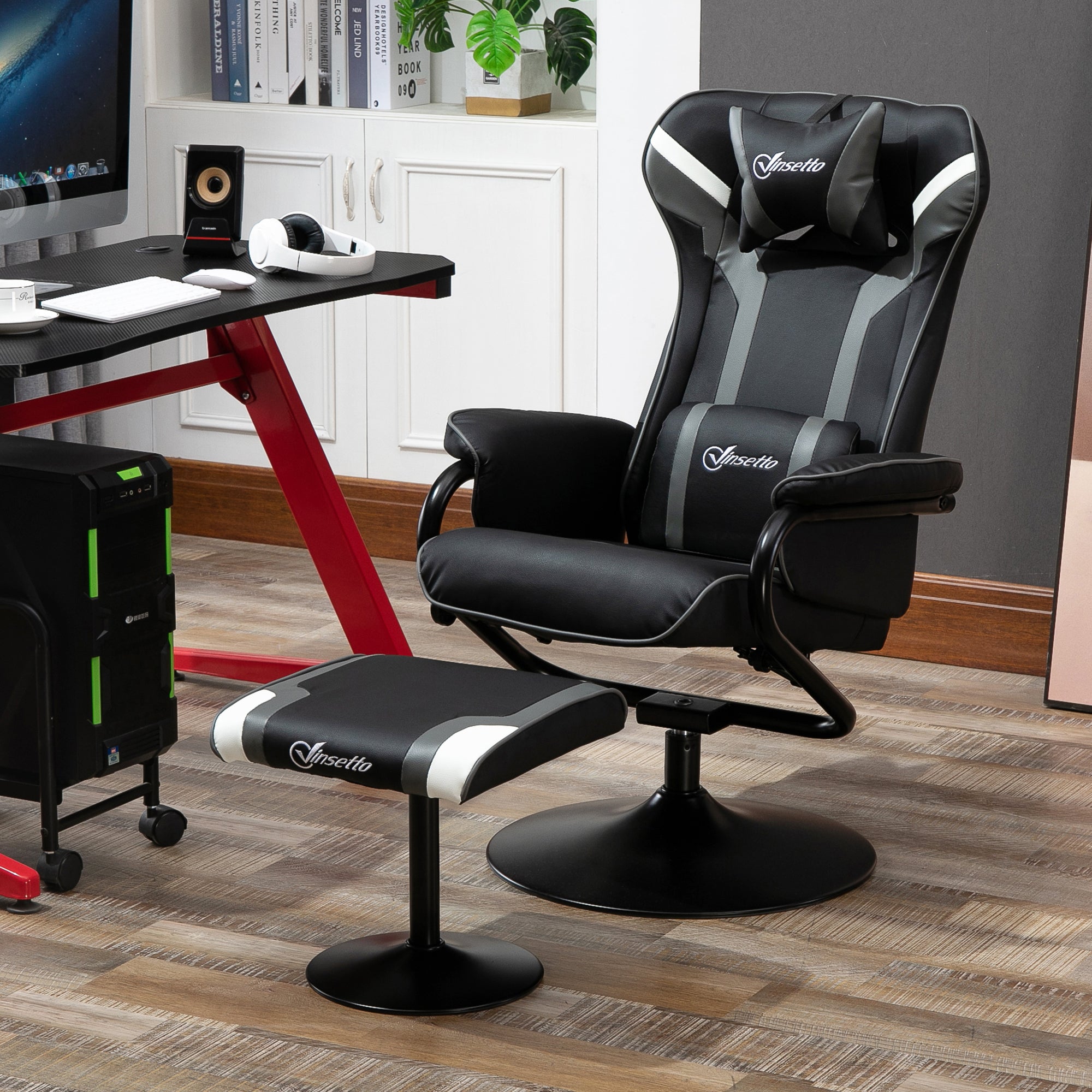 Recliner Chair with Footstool, TV Armchair, Upholstered Armchair in Gaming Style, Gaming Chair with Reclining Function, 130° Adjustable, for Game Room, Leisure Room, Black+Grey, 67 x 82.5 x 103 cm