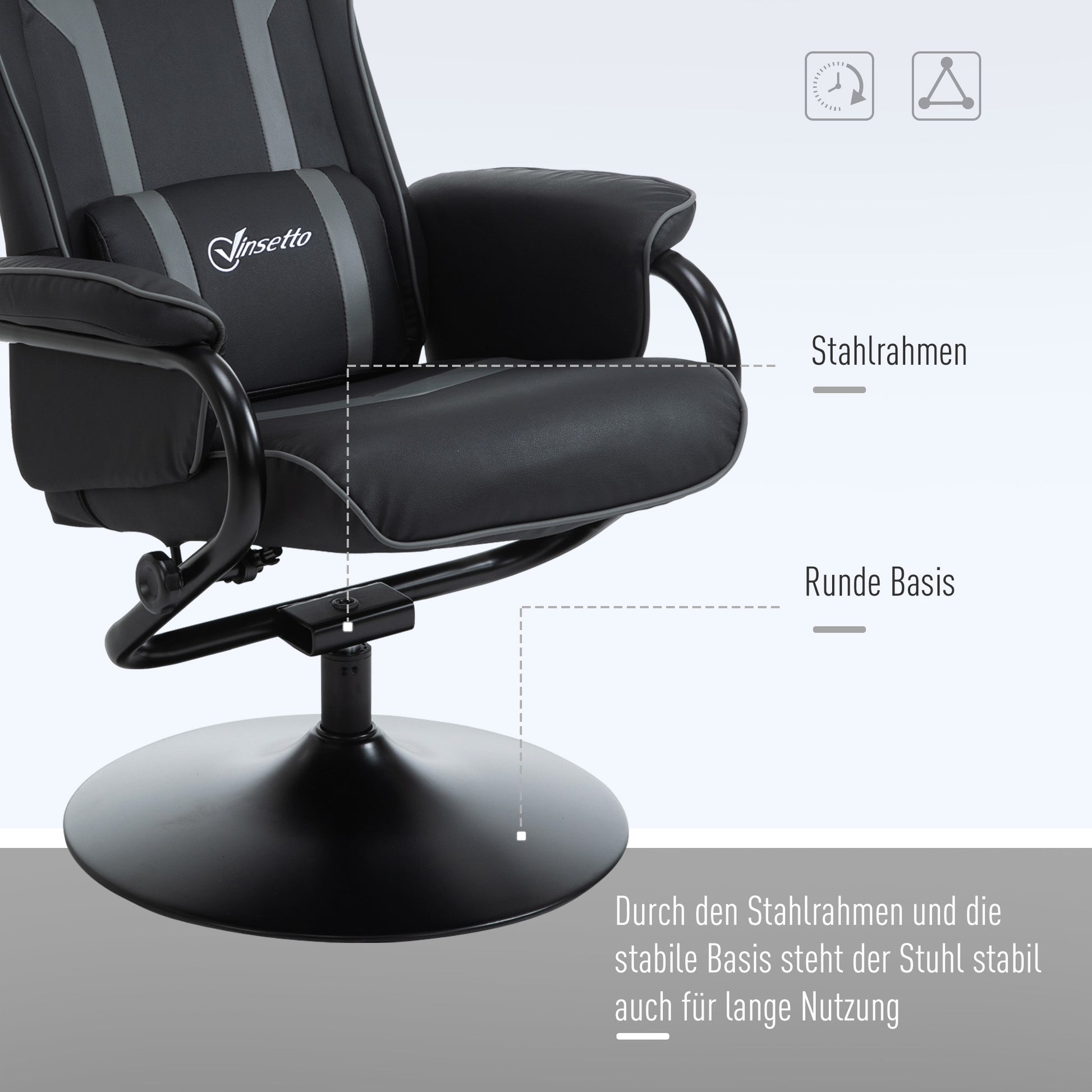 Recliner Chair with Footstool, TV Armchair, Upholstered Armchair in Gaming Style, Gaming Chair with Reclining Function, 130° Adjustable, for Game Room, Leisure Room, Black+Grey, 67 x 82.5 x 103 cm