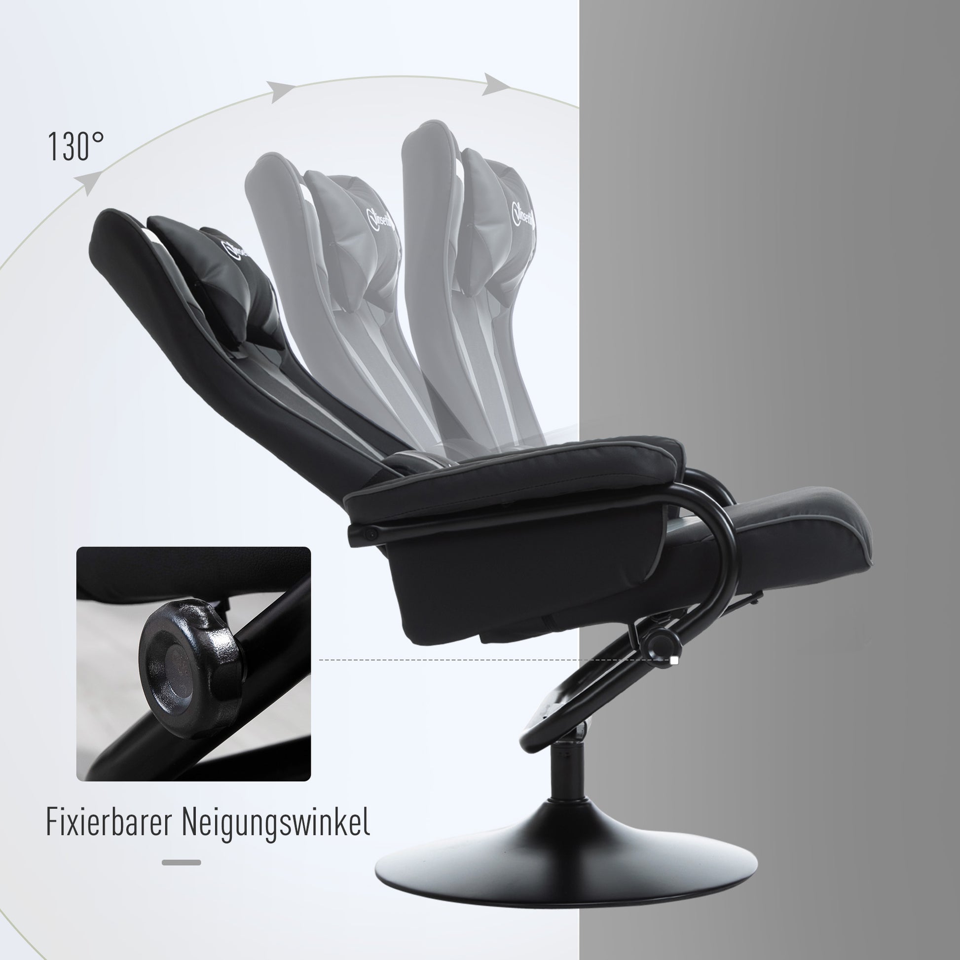 Recliner Chair with Footstool, TV Armchair, Upholstered Armchair in Gaming Style, Gaming Chair with Reclining Function, 130° Adjustable, for Game Room, Leisure Room, Black+Grey, 67 x 82.5 x 103 cm