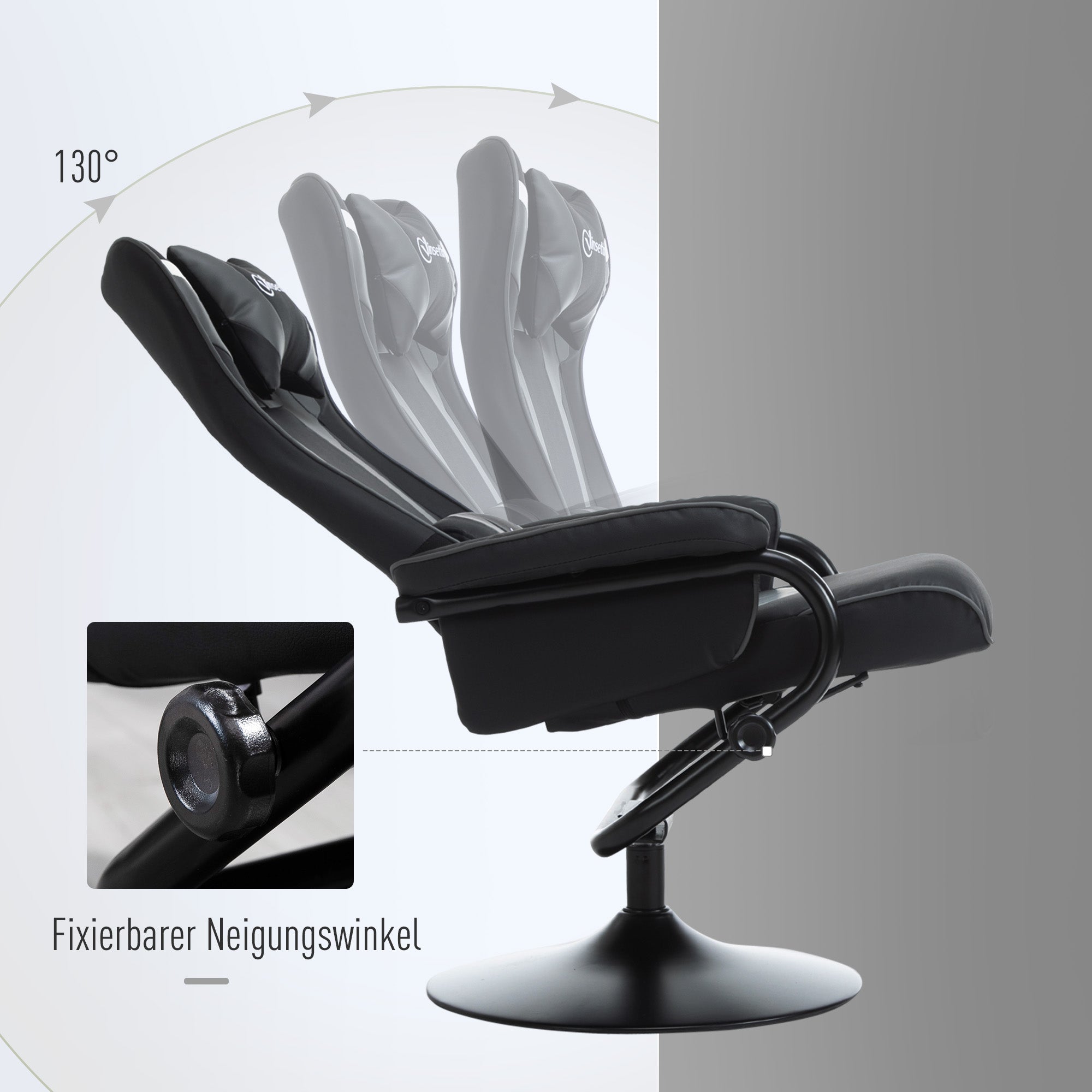 Recliner Chair with Footstool, TV Armchair, Upholstered Armchair in Gaming Style, Gaming Chair with Reclining Function, 130° Adjustable, for Game Room, Leisure Room, Black+Grey, 67 x 82.5 x 103 cm