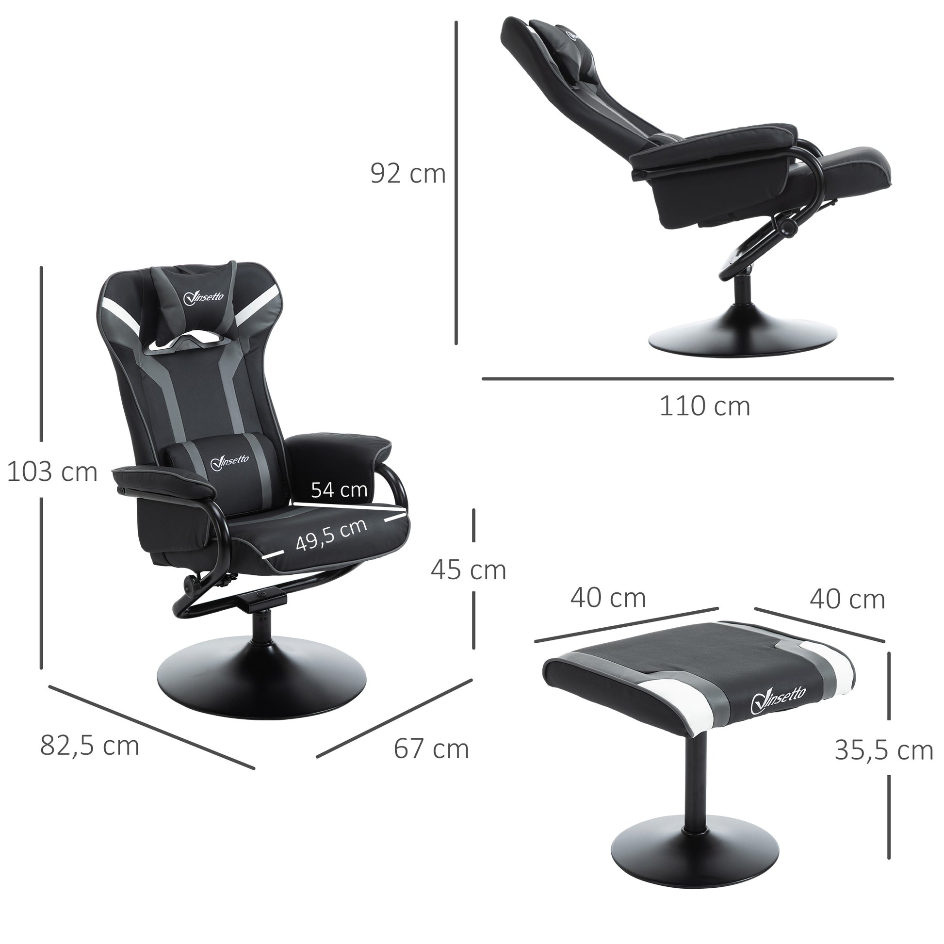 Recliner Chair with Footstool, TV Armchair, Upholstered Armchair in Gaming Style, Gaming Chair with Reclining Function, 130° Adjustable, for Game Room, Leisure Room, Black+Grey, 67 x 82.5 x 103 cm
