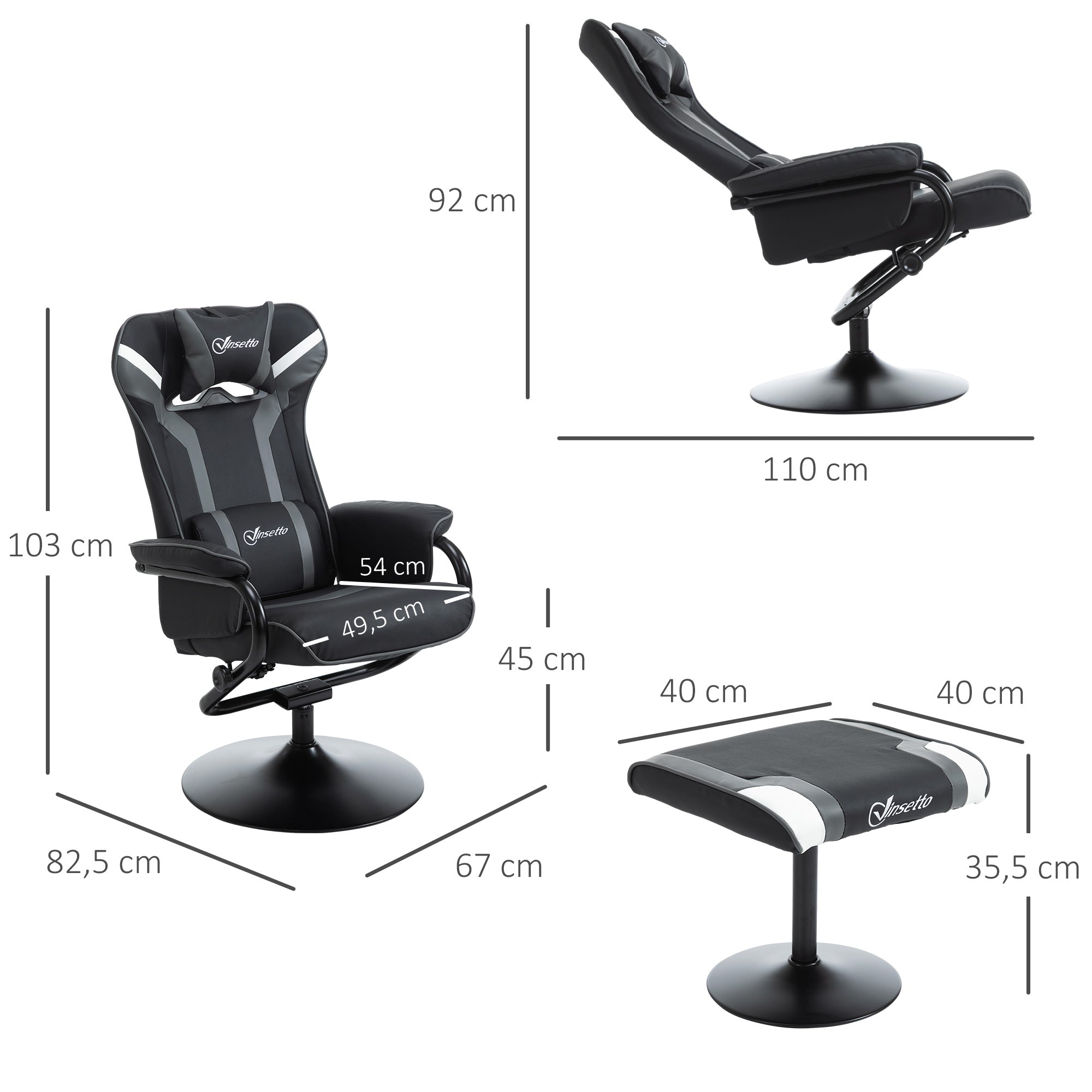 Recliner Chair with Footstool, TV Armchair, Upholstered Armchair in Gaming Style, Gaming Chair with Reclining Function, 130° Adjustable, for Game Room, Leisure Room, Black+Grey, 67 x 82.5 x 103 cm