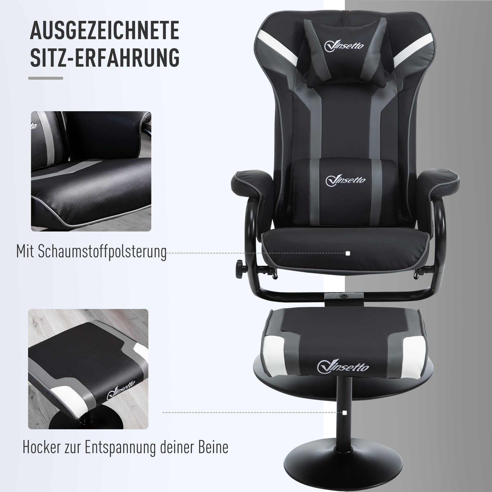 Recliner Chair with Footstool, TV Armchair, Upholstered Armchair in Gaming Style, Gaming Chair with Reclining Function, 130° Adjustable, for Game Room, Leisure Room, Black+Grey, 67 x 82.5 x 103 cm