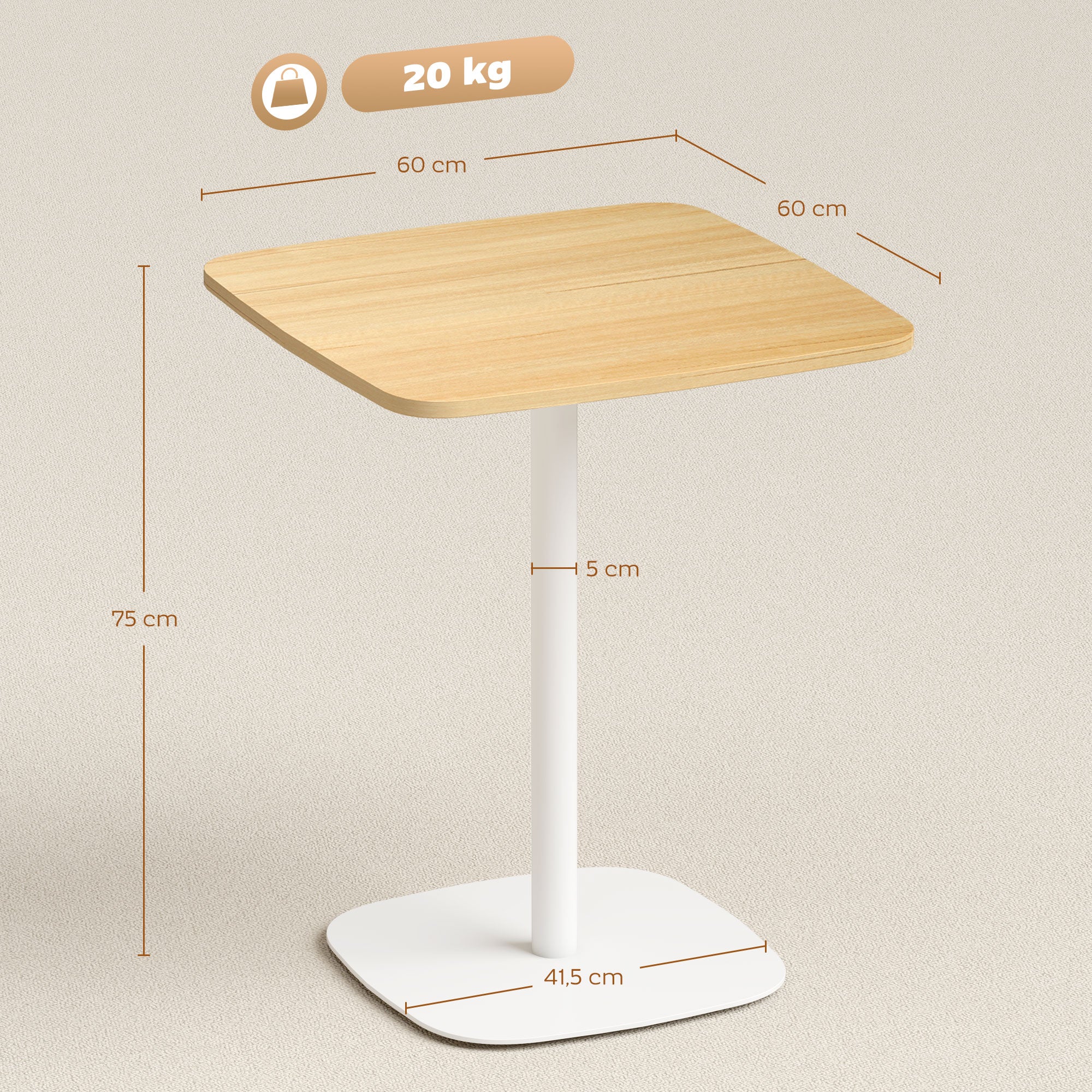 Small Square Dining Table for 2, Square Steel Base, Ideal for Small Spaces, Living Room — 23.6 x 23.6 x 29.5 in (60 x 60 x 75 cm), Natural Wood & White