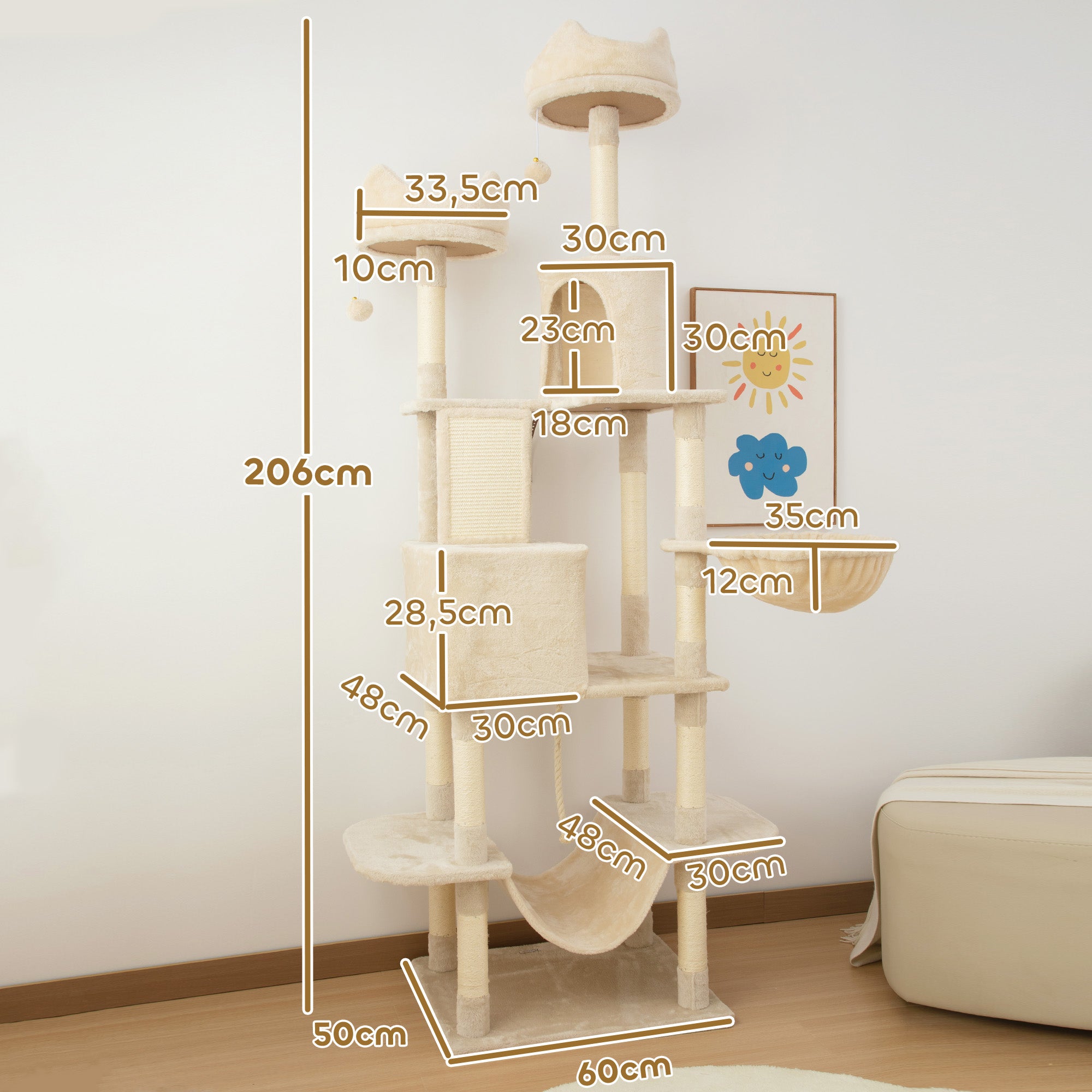 Large Cat Scratcher Height 206 cm Cat Tree Tower with Platforms Caves Hanging Balls and Hammocks Beige