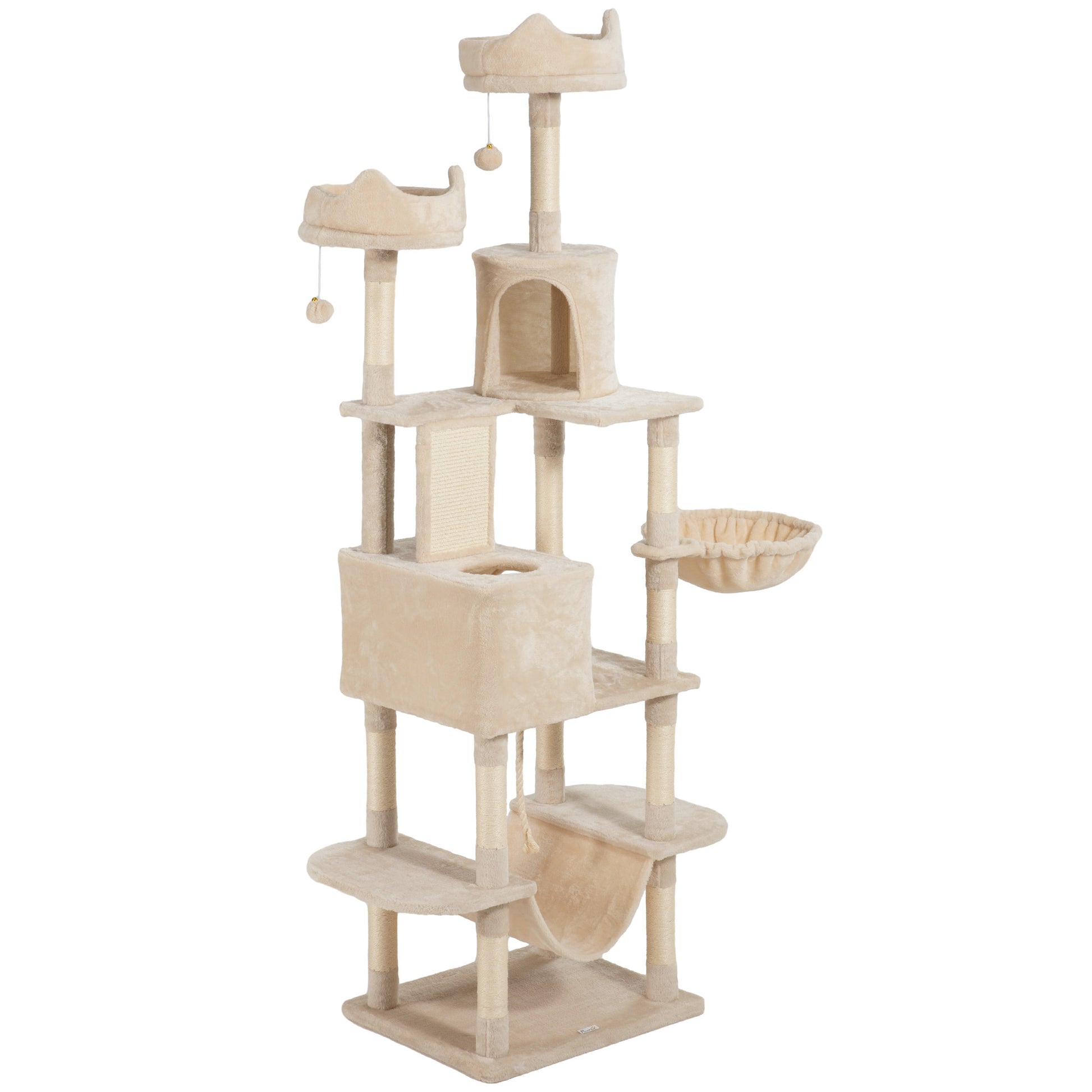 Large Cat Scratcher Height 206 cm Cat Tree Tower with Platforms Caves Hanging Balls and Hammocks Beige