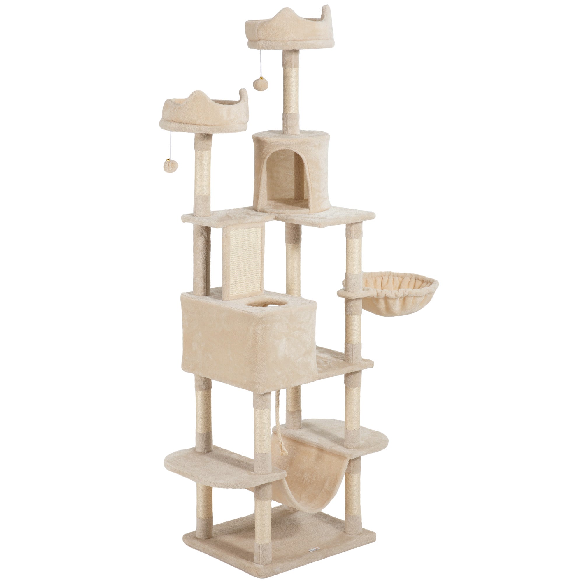 Large Cat Scratcher Height 206 cm Cat Tree Tower with Platforms Caves Hanging Balls and Hammocks Beige