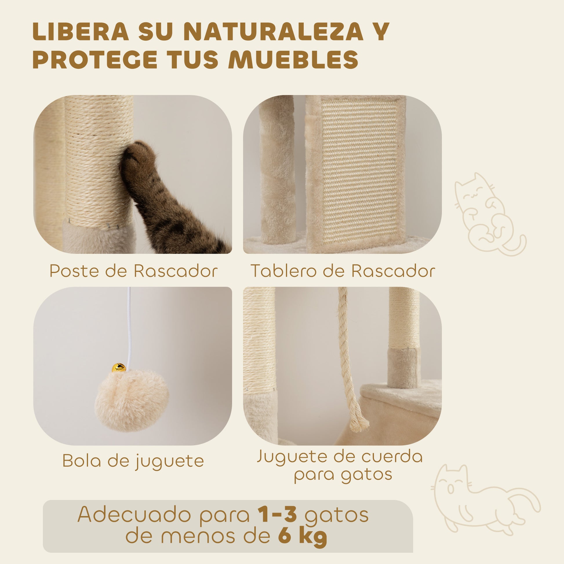 Large Cat Scratcher Height 206 cm Cat Tree Tower with Platforms Caves Hanging Balls and Hammocks Beige