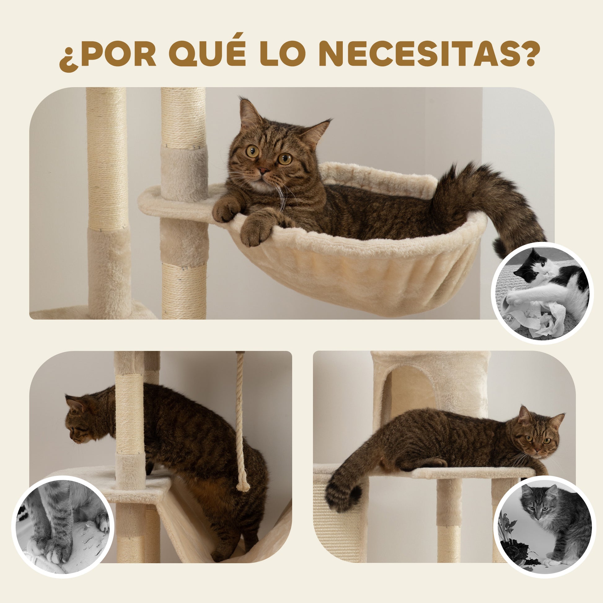Large Cat Scratcher Height 206 cm Cat Tree Tower with Platforms Caves Hanging Balls and Hammocks Beige