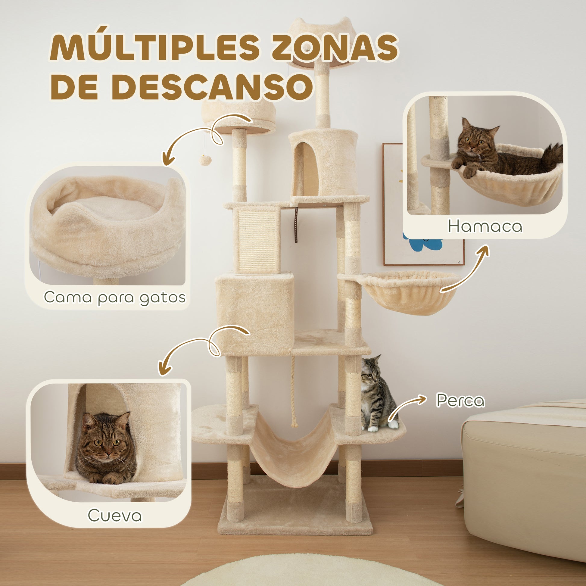 Large Cat Scratcher Height 206 cm Cat Tree Tower with Platforms Caves Hanging Balls and Hammocks Beige