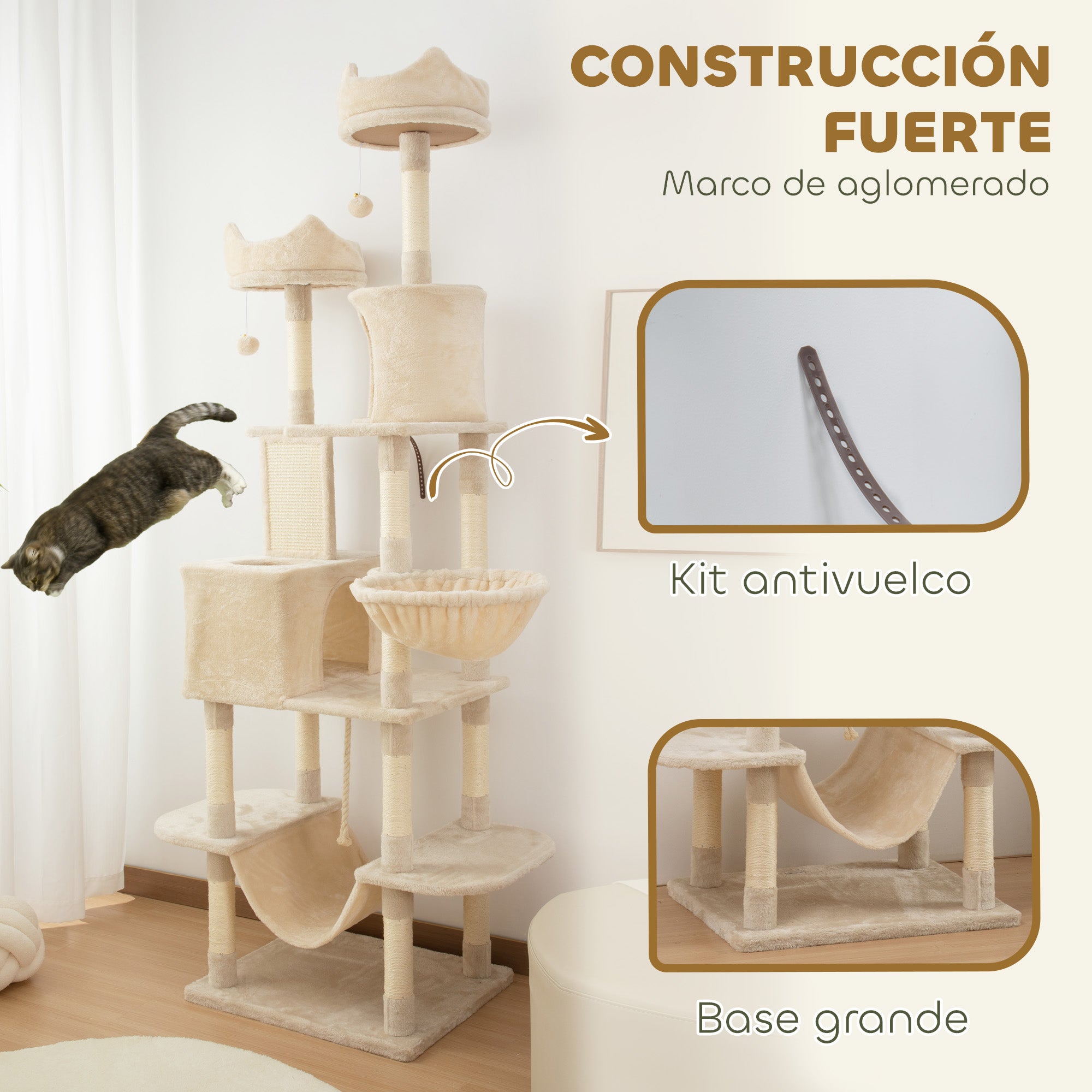 Large Cat Scratcher Height 206 cm Cat Tree Tower with Platforms Caves Hanging Balls and Hammocks Beige
