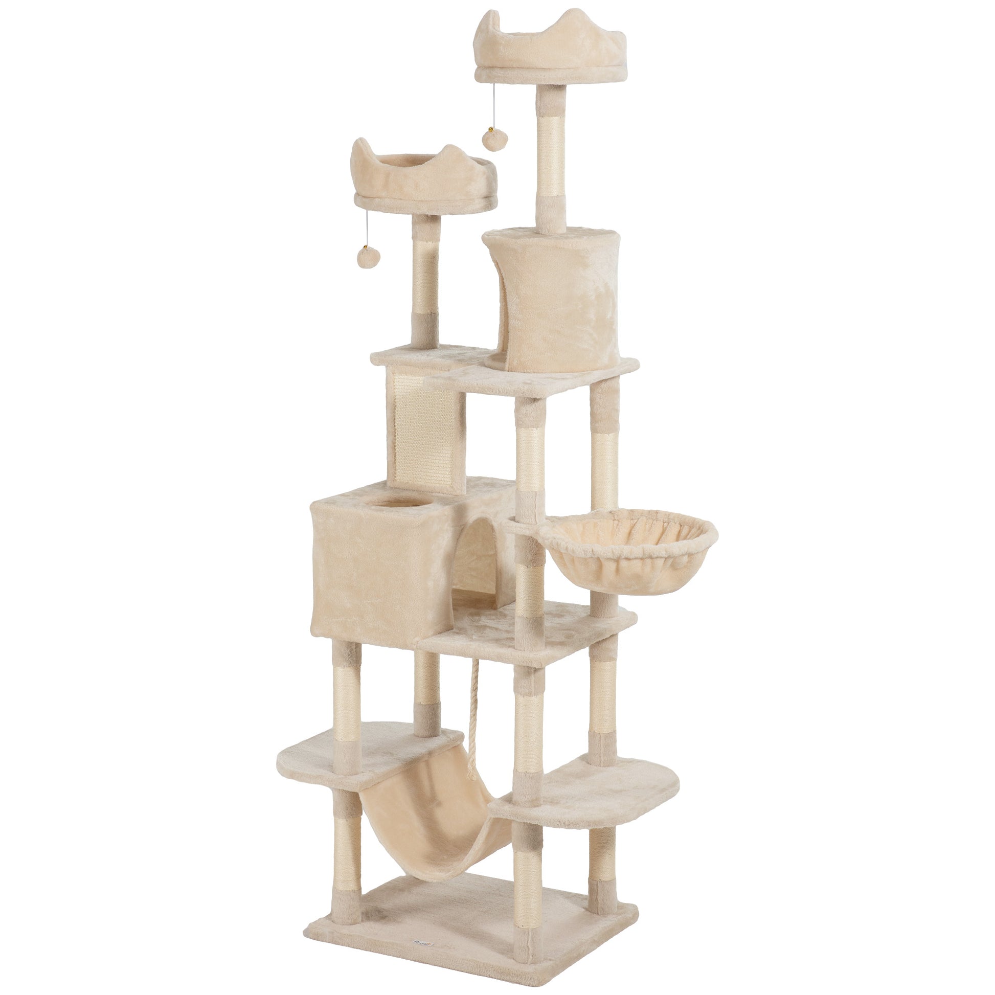 Large Cat Scratcher Height 206 cm Cat Tree Tower with Platforms Caves Hanging Balls and Hammocks Beige