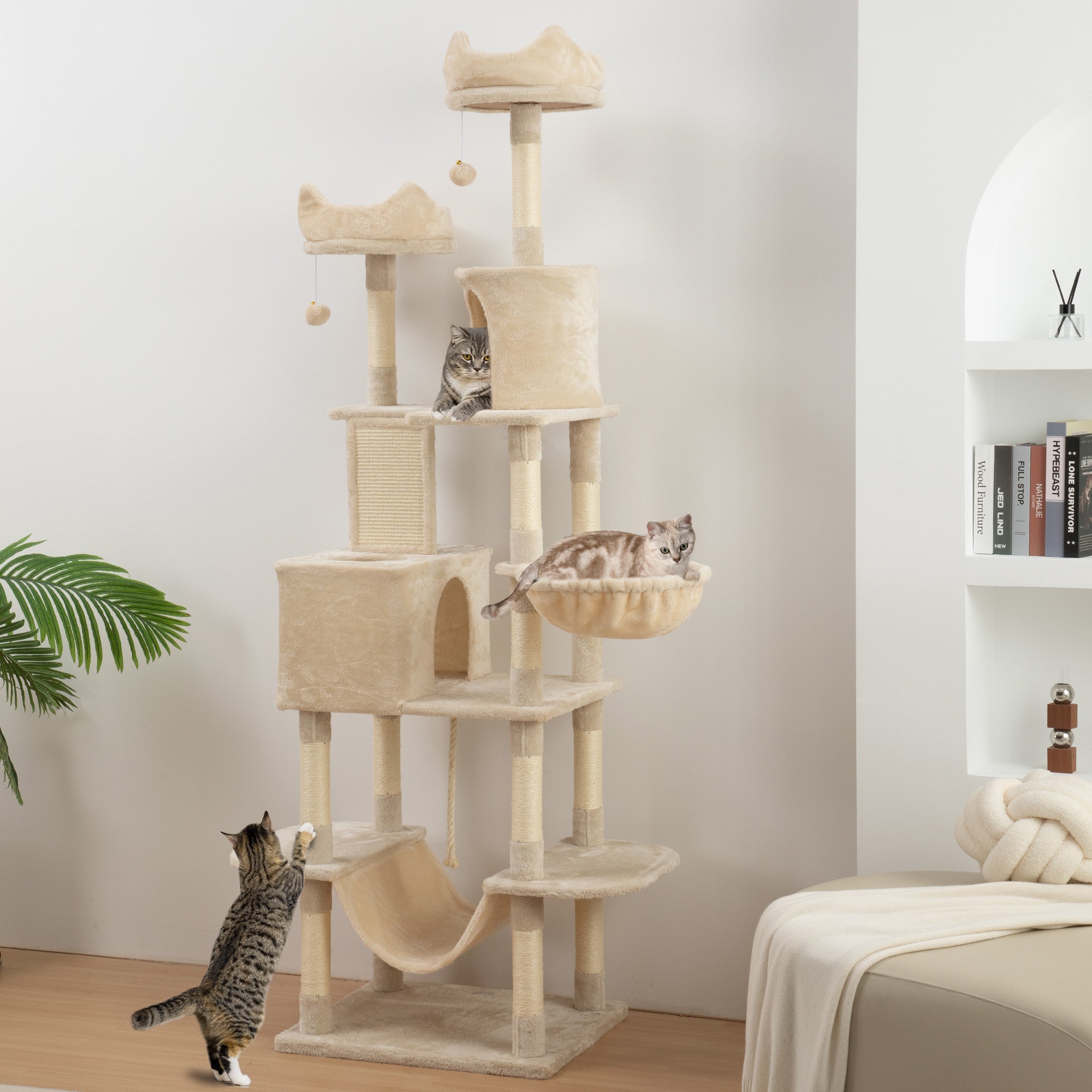 Large Cat Scratcher Height 206 cm Cat Tree Tower with Platforms Caves Hanging Balls and Hammocks Beige