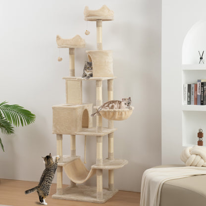 Large Cat Scratcher Height 206 cm Cat Tree Tower with Platforms Caves Hanging Balls and Hammocks Beige