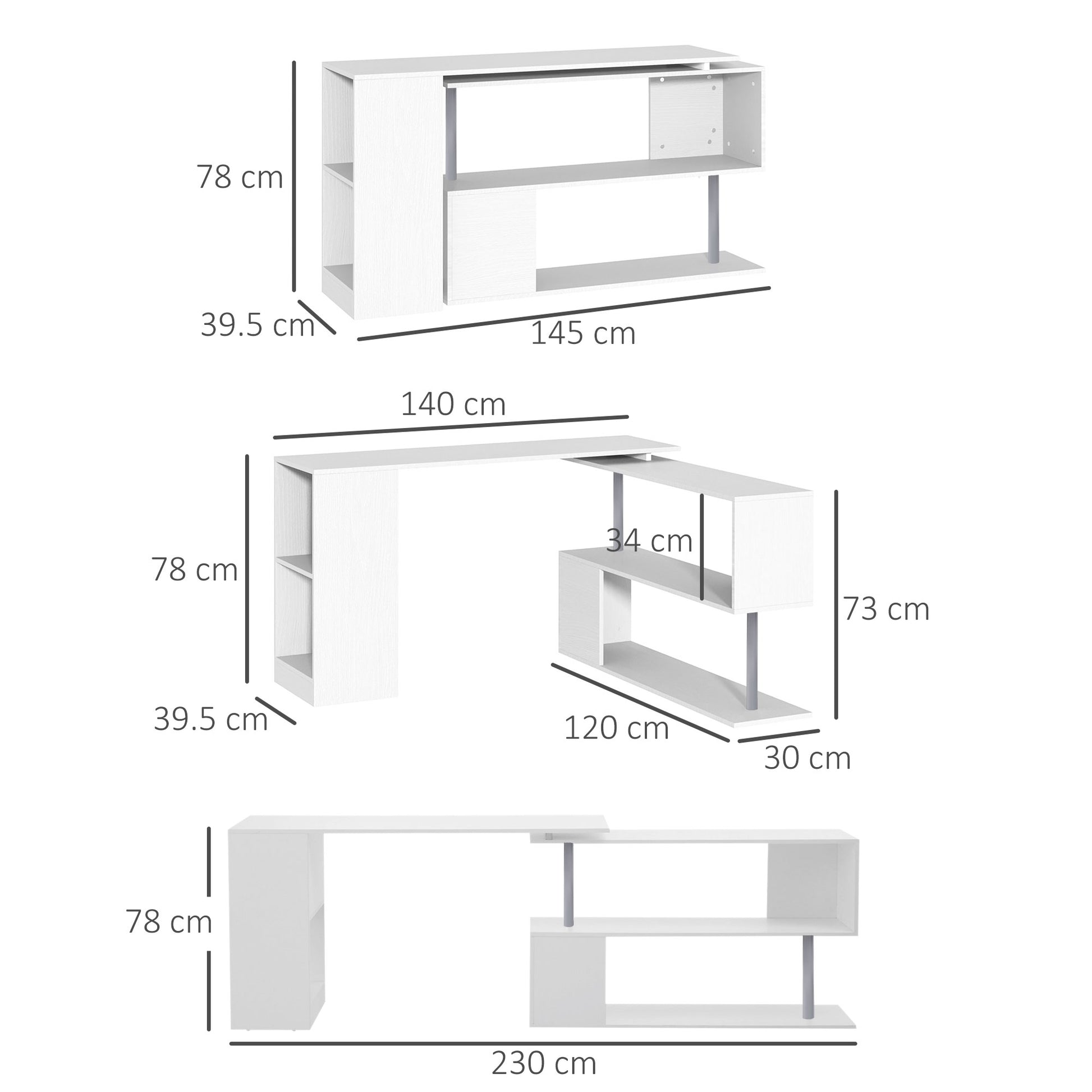 Space-Saving Corner Desk with S-Shaped Shelf, Modern Wooden Desk, 140x120x78 cm, White
