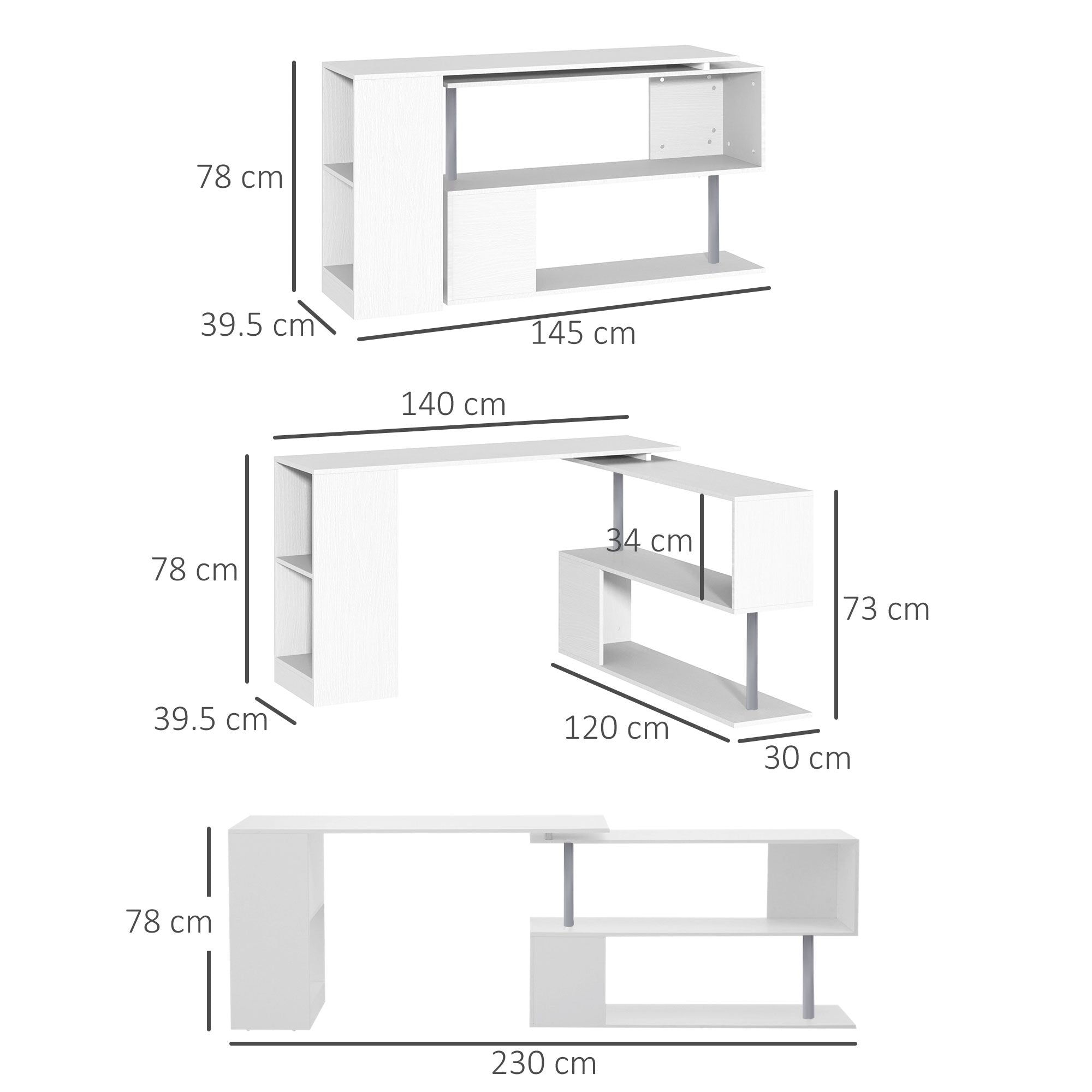 Space-Saving Corner Desk with S-Shaped Shelf, Modern Wooden Desk, 140x120x78 cm, White