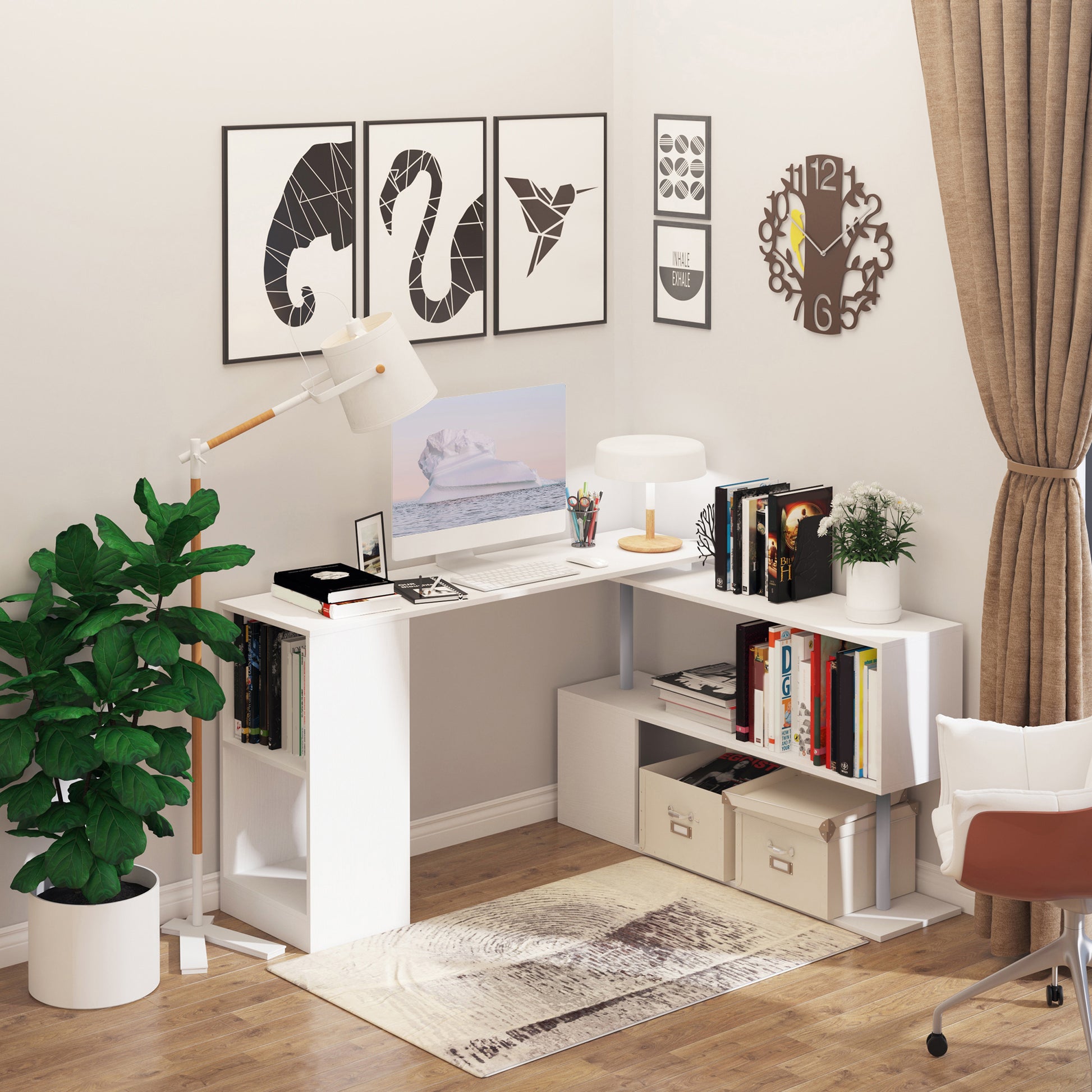 Space-Saving Corner Desk with S-Shaped Shelf, Modern Wooden Desk, 140x120x78 cm, White
