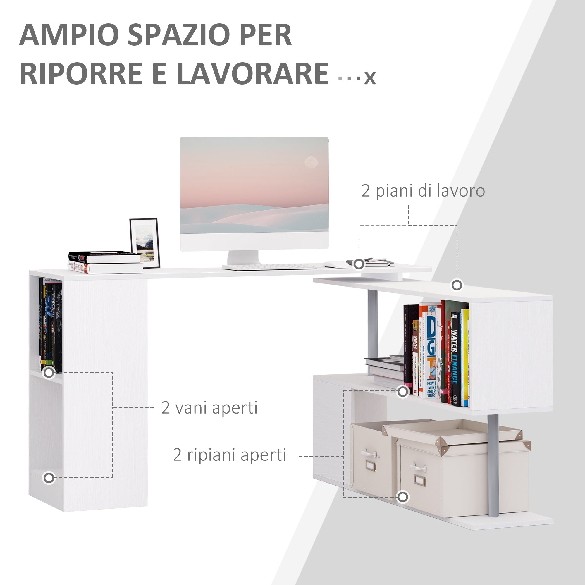 Space-Saving Corner Desk with S-Shaped Shelf, Modern Wooden Desk, 140x120x78 cm, White