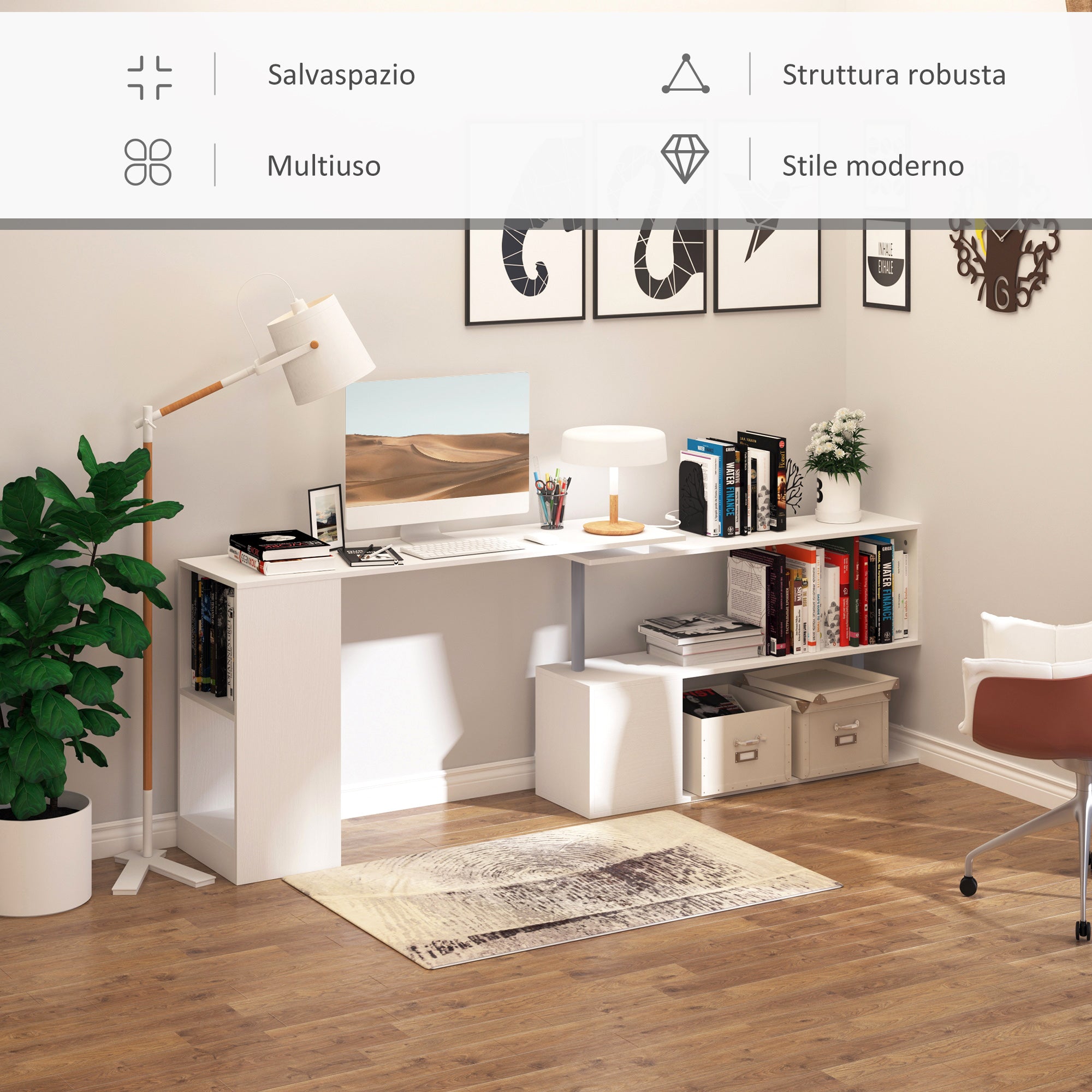 Space-Saving Corner Desk with S-Shaped Shelf, Modern Wooden Desk, 140x120x78 cm, White