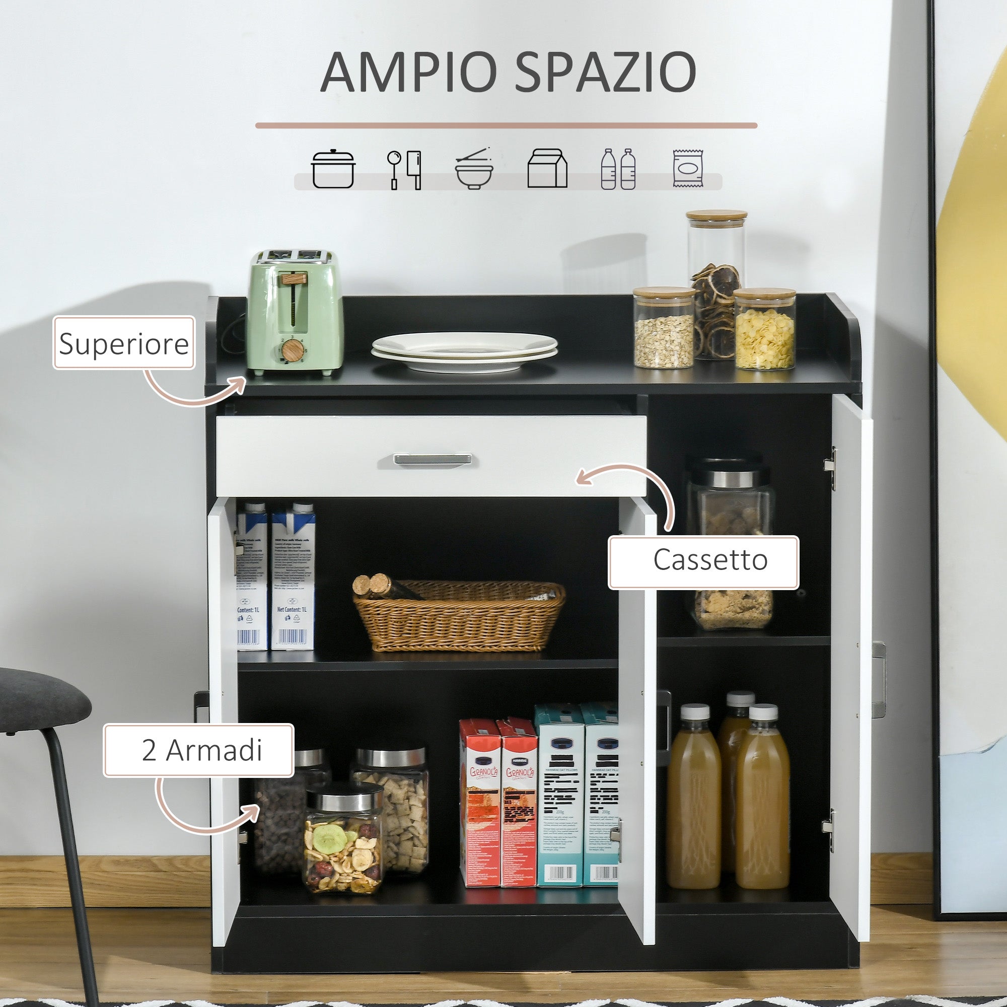 Modern Kitchen Cabinet in MDF with 2 Cabinets, 1 Drawer, and Adjustable Shelves, 90x40x90 cm, Black and White