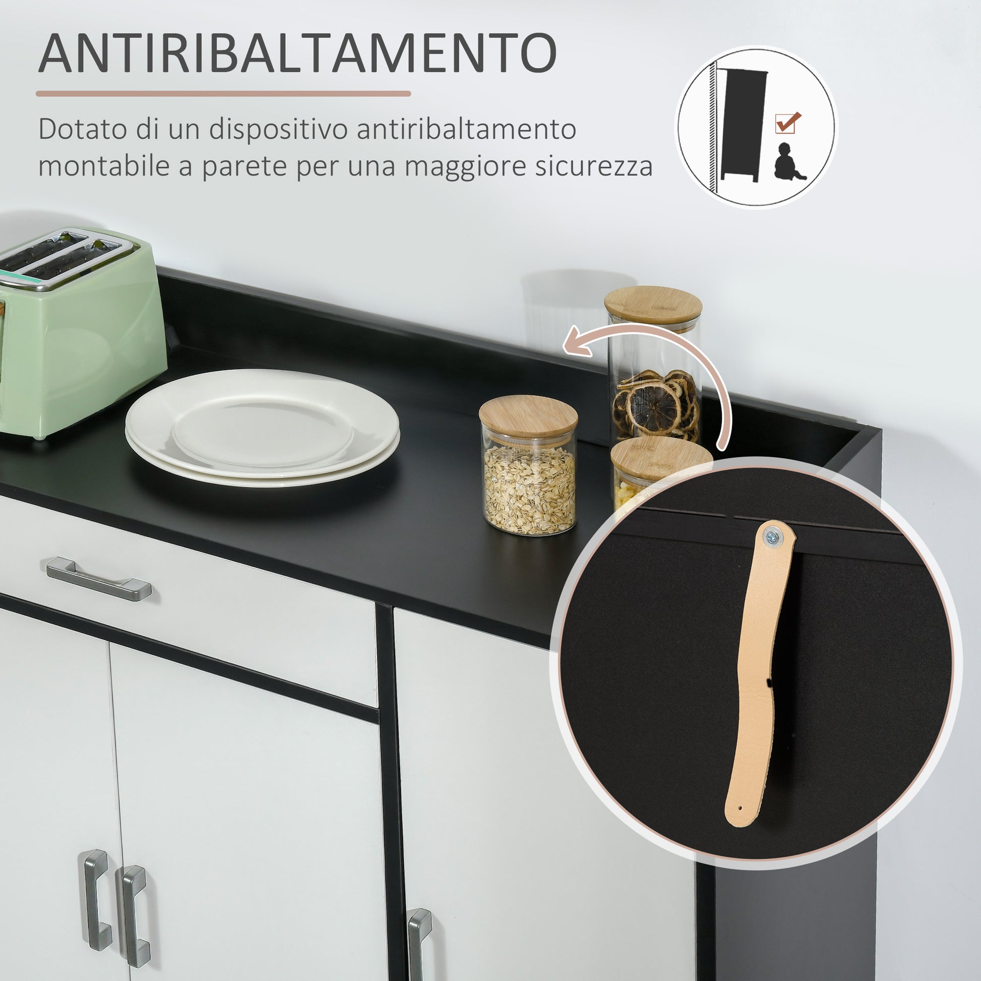Modern Kitchen Cabinet in MDF with 2 Cabinets, 1 Drawer, and Adjustable Shelves, 90x40x90 cm, Black and White