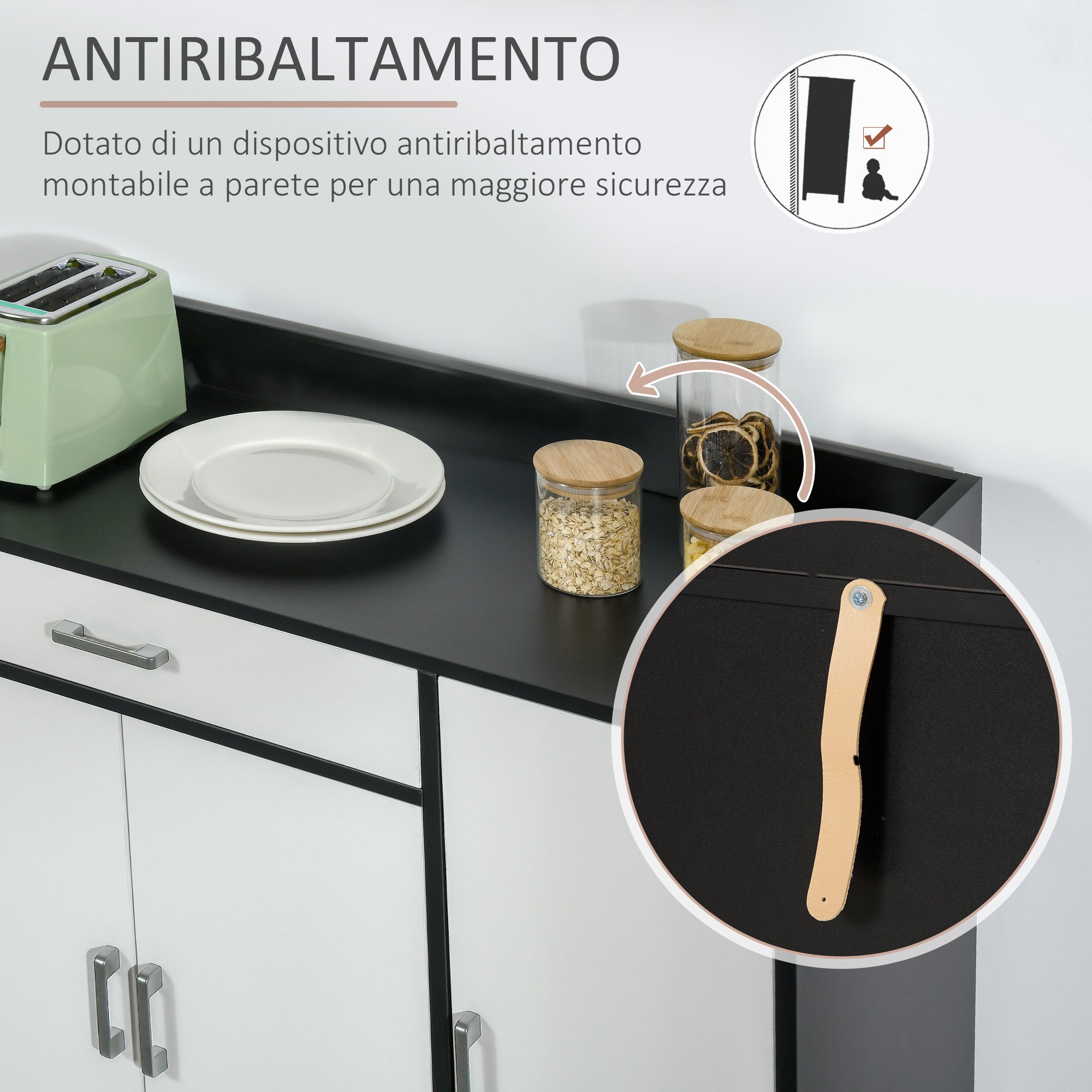 Modern Kitchen Cabinet in MDF with 2 Cabinets, 1 Drawer, and Adjustable Shelves, 90x40x90 cm, Black and White