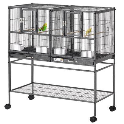 Bird Cage with Wheels Double Birdcage with 2 Trays Multiple Doors 4 Feeders 4 Perches for Parakeets Lovebirds Canaries 95x45.5x102 cm Gray